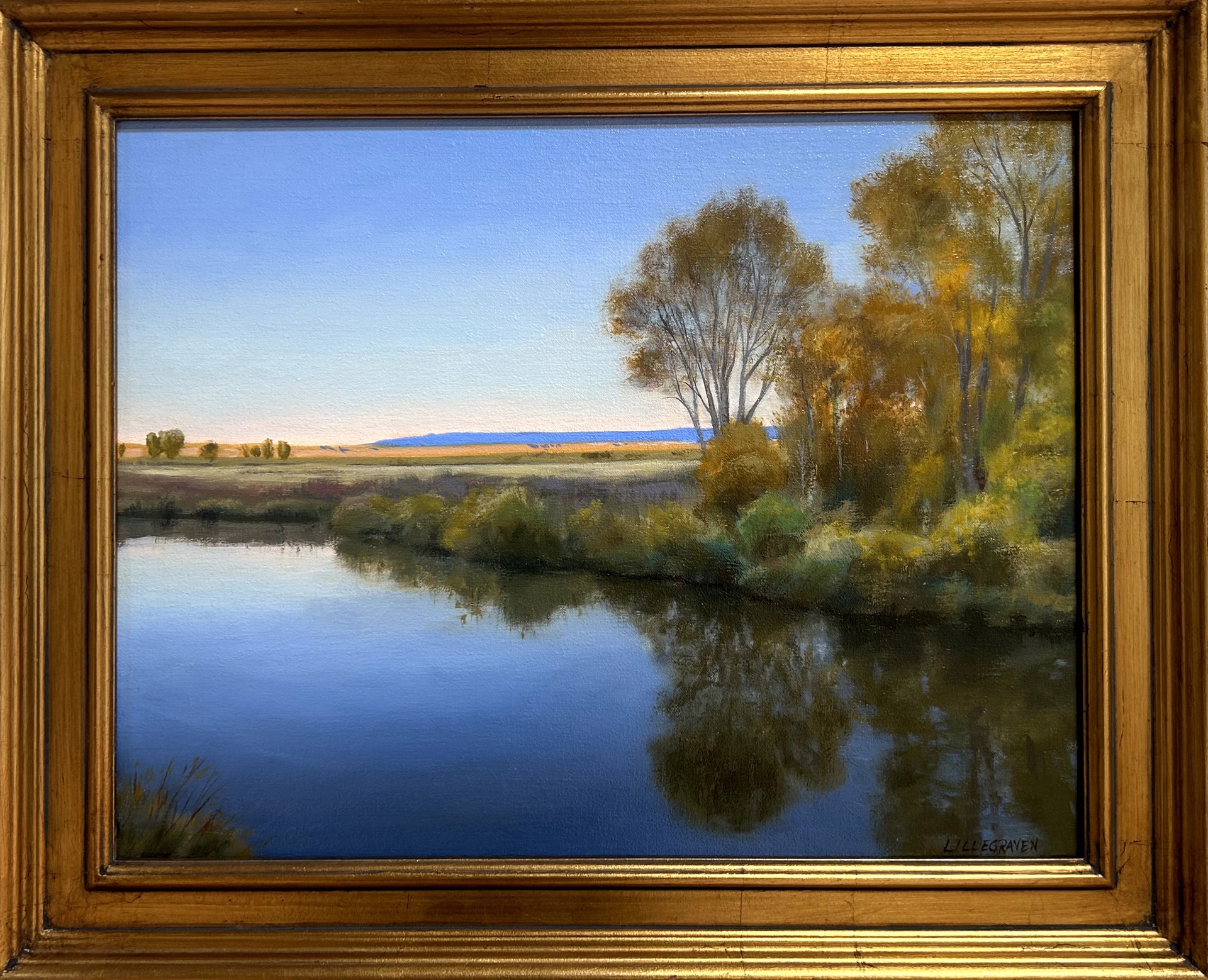 A serene landscape painting of a calm river reflecting autumn trees under a soft twilight sky.