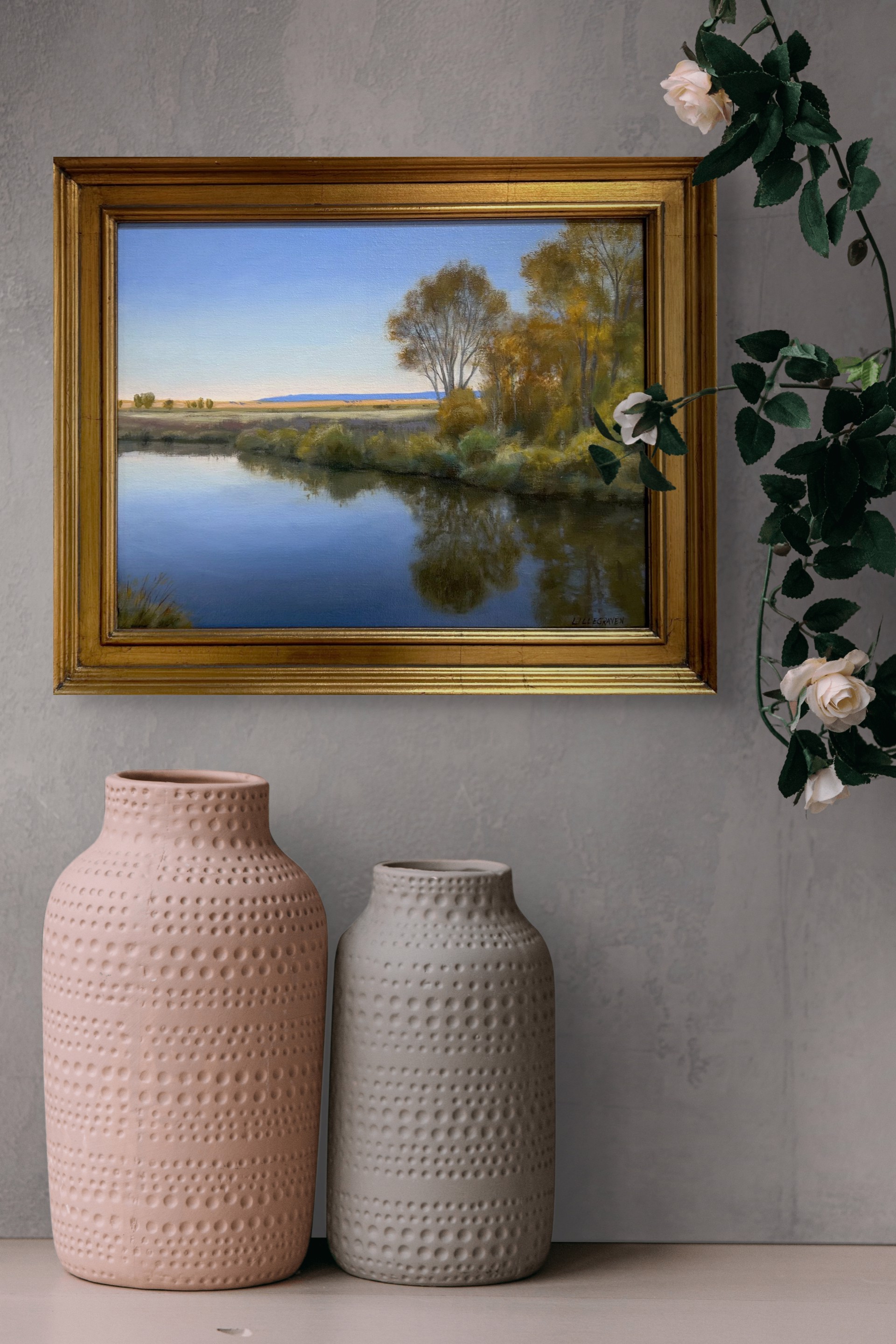 A serene landscape painting of a calm river reflecting autumn trees under a soft twilight sky.