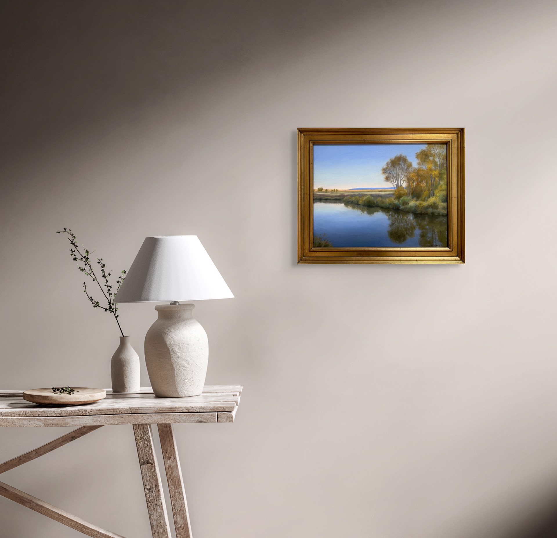 A serene landscape painting of a calm river reflecting autumn trees under a soft twilight sky.