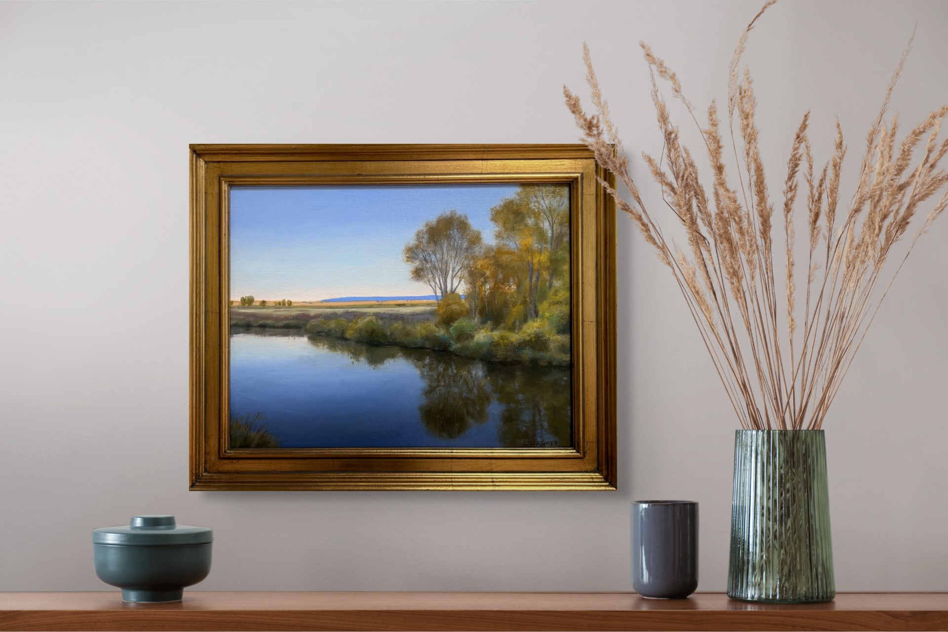 A serene landscape painting of a calm river reflecting autumn trees under a soft twilight sky.