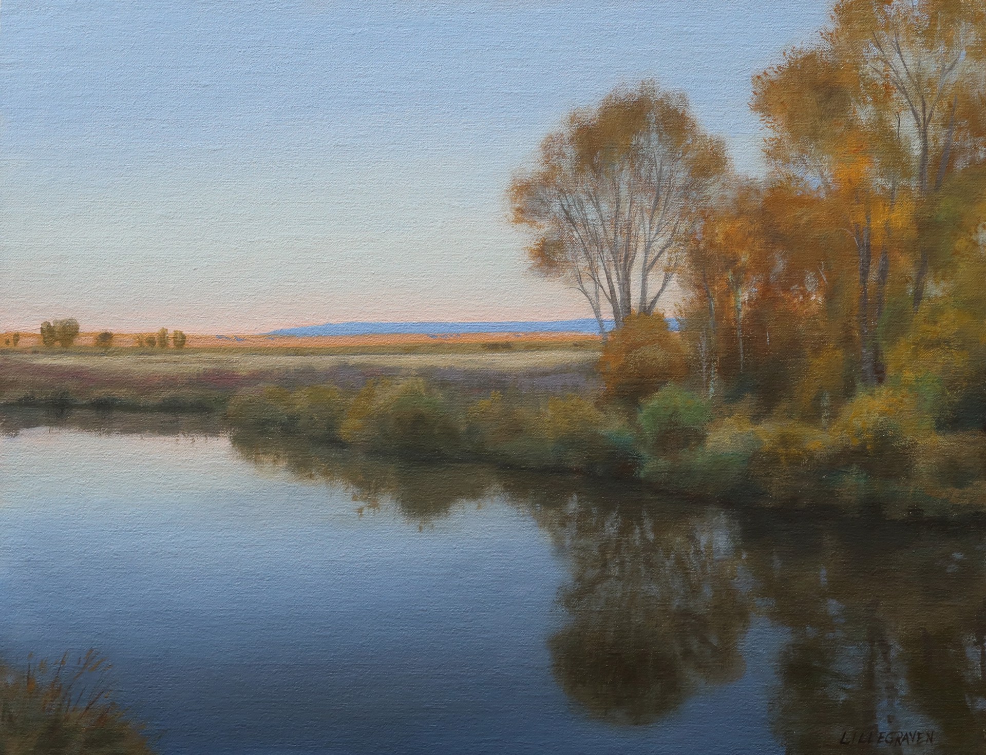 A serene landscape painting of a calm river reflecting autumn trees under a soft twilight sky.