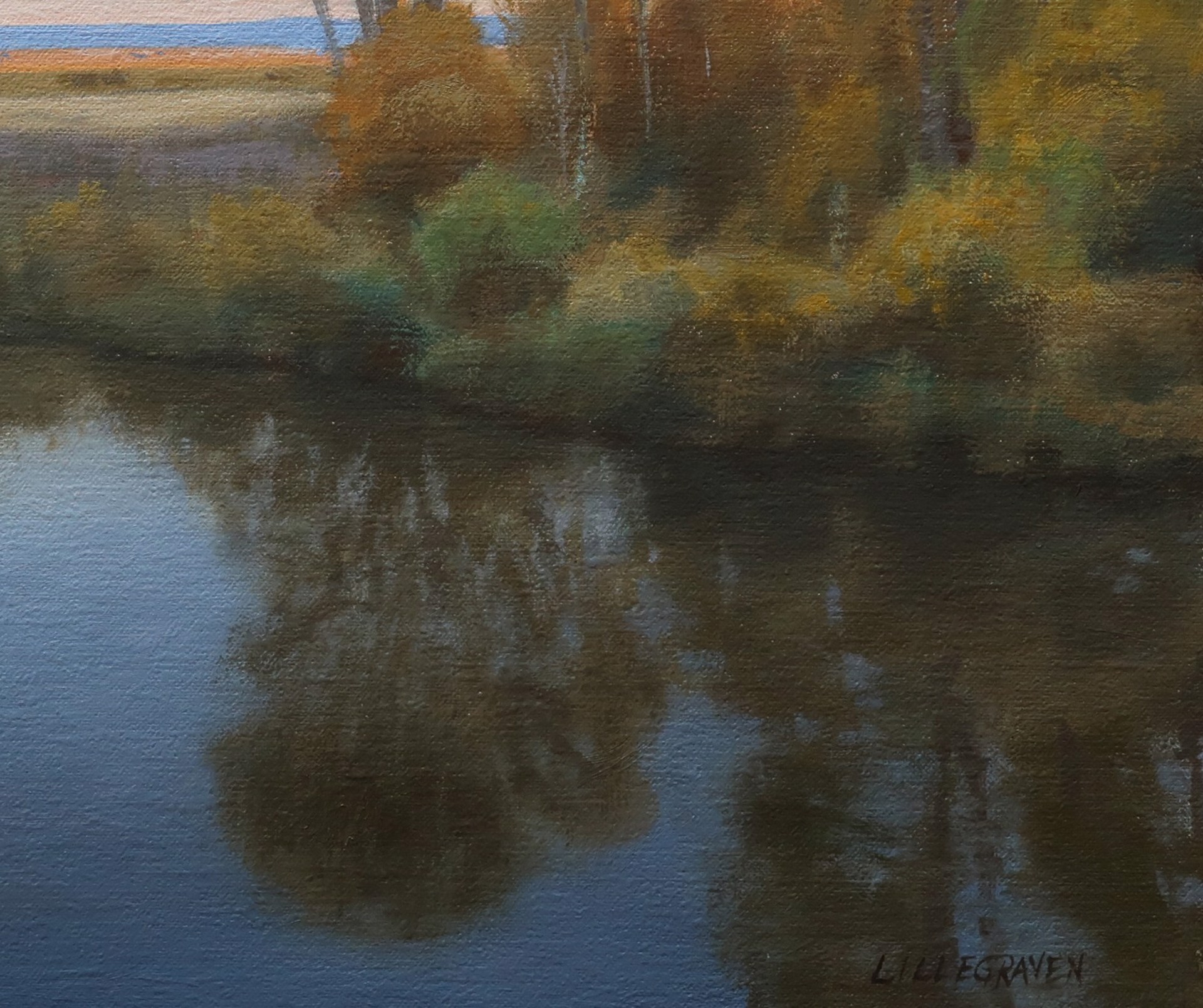 A serene landscape painting of a calm river reflecting autumn trees under a soft twilight sky.