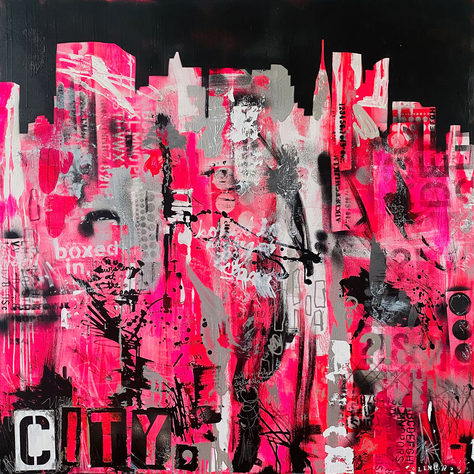 A painting of a cityscape with pink and black paint on it.