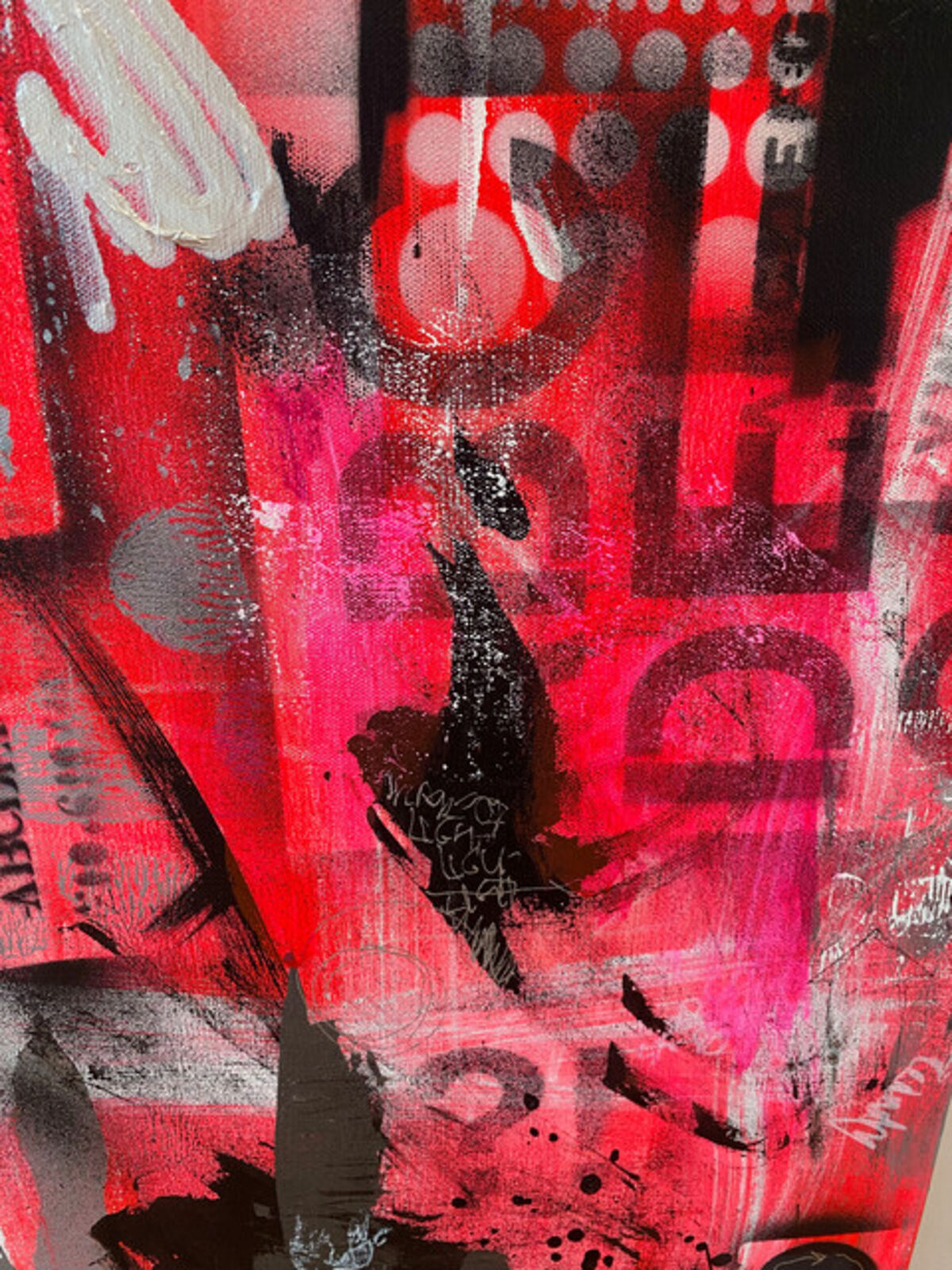 A painting of a cityscape with pink and black paint on it.