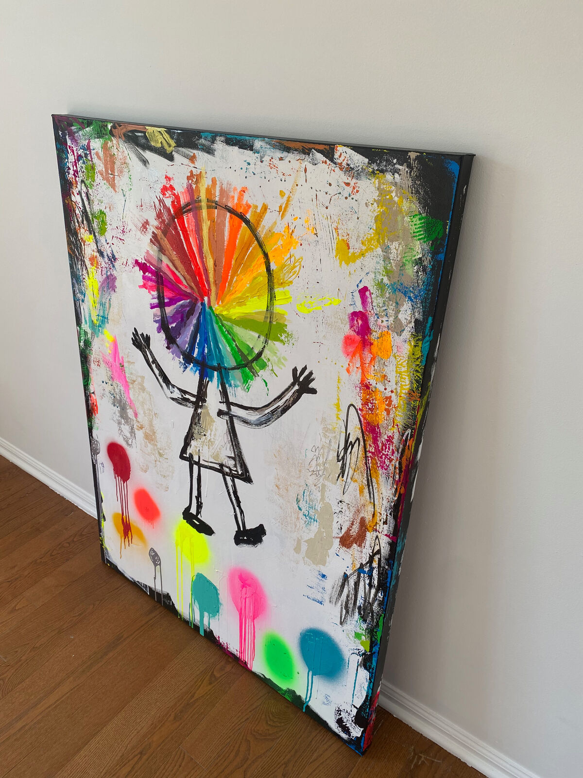 A painting of a person with a colorful wheel on their head.