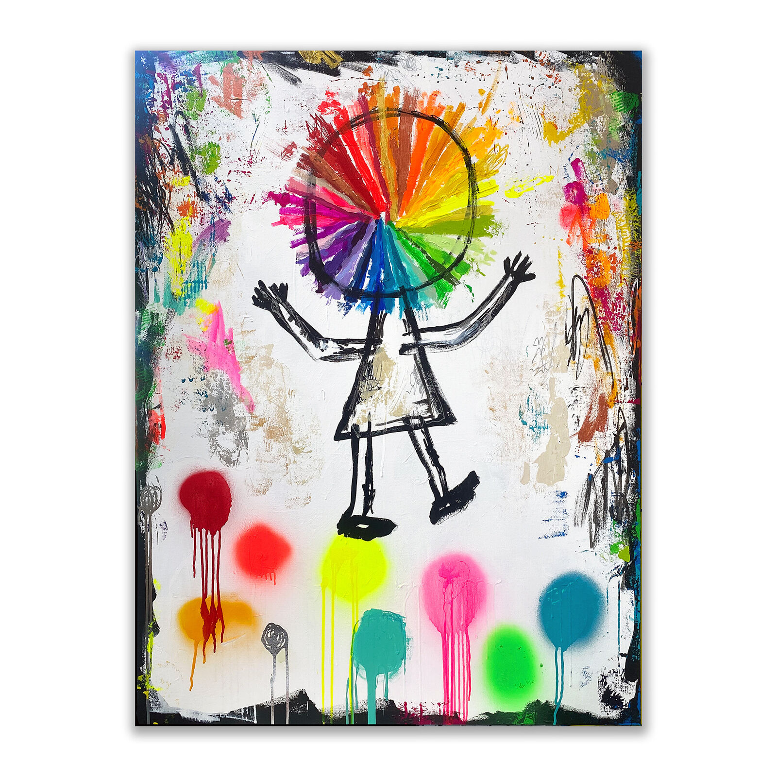 A painting of a person with a colorful wheel on their head.