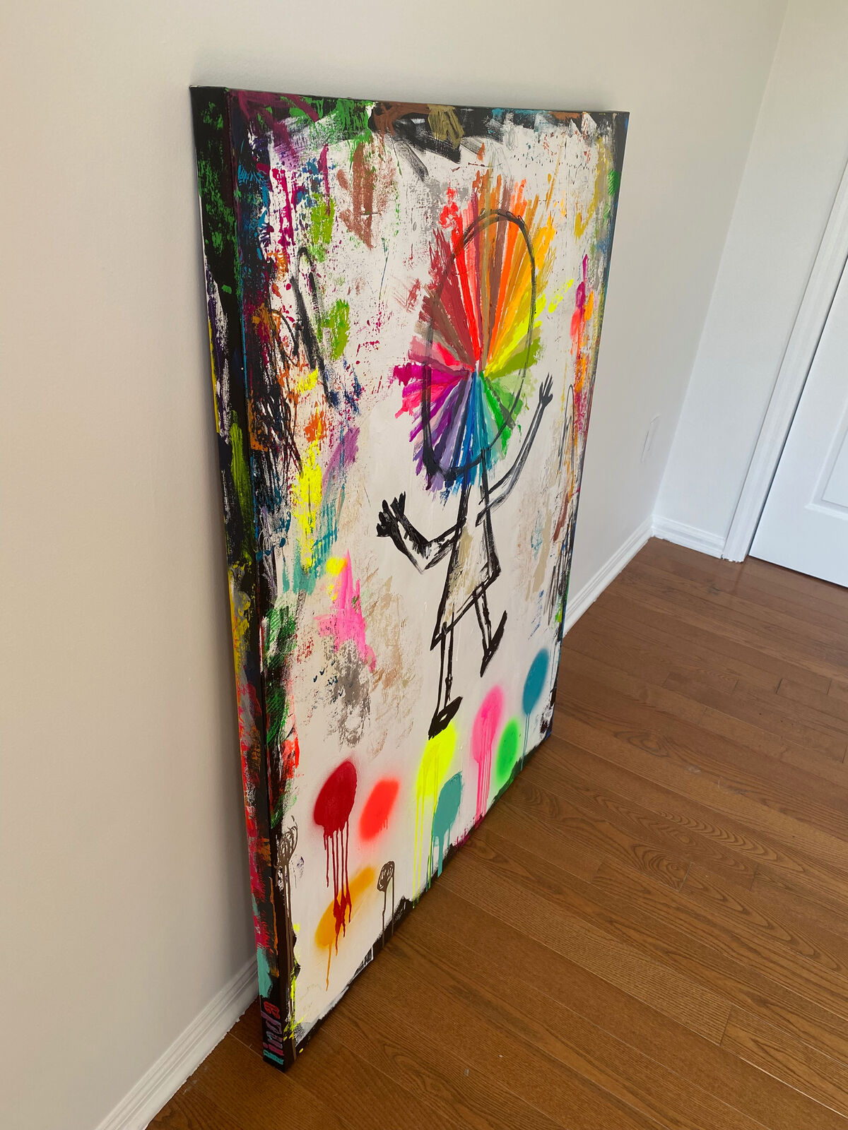 A painting of a person with a colorful wheel on their head.