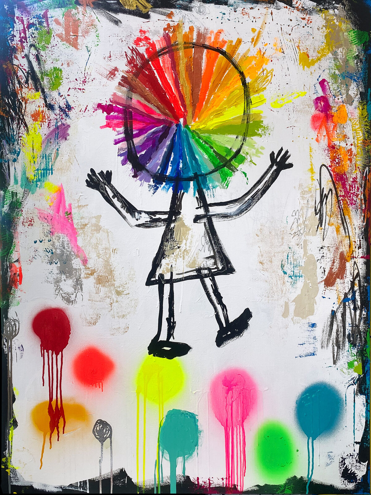 A painting of a person with a colorful wheel on their head.