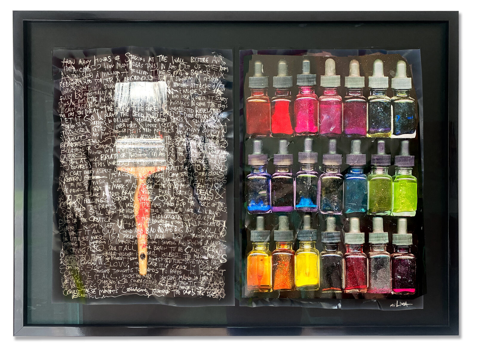 A picture of a painting with a brush and a bunch of bottles of paint.