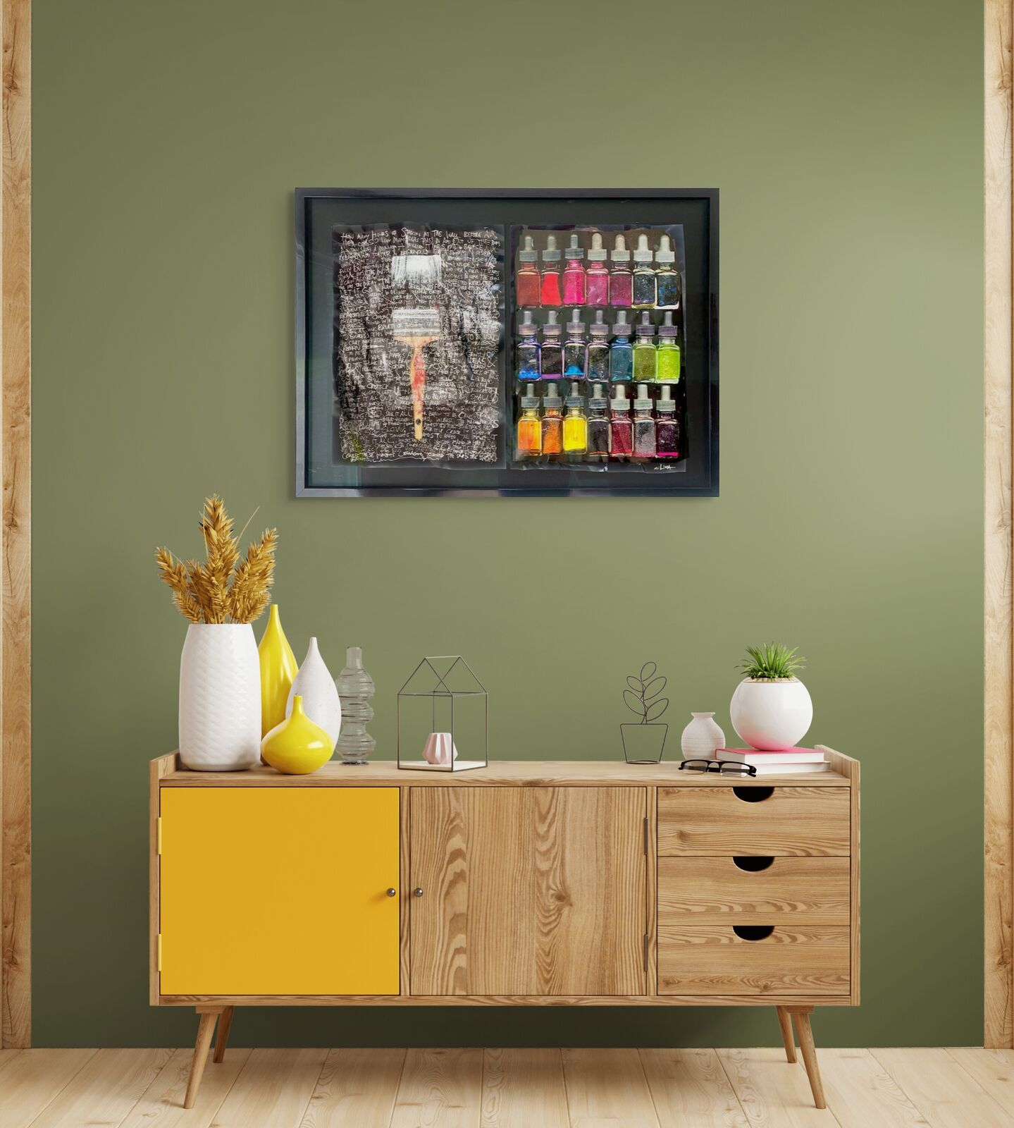 A picture of a painting with a brush and a bunch of bottles of paint.