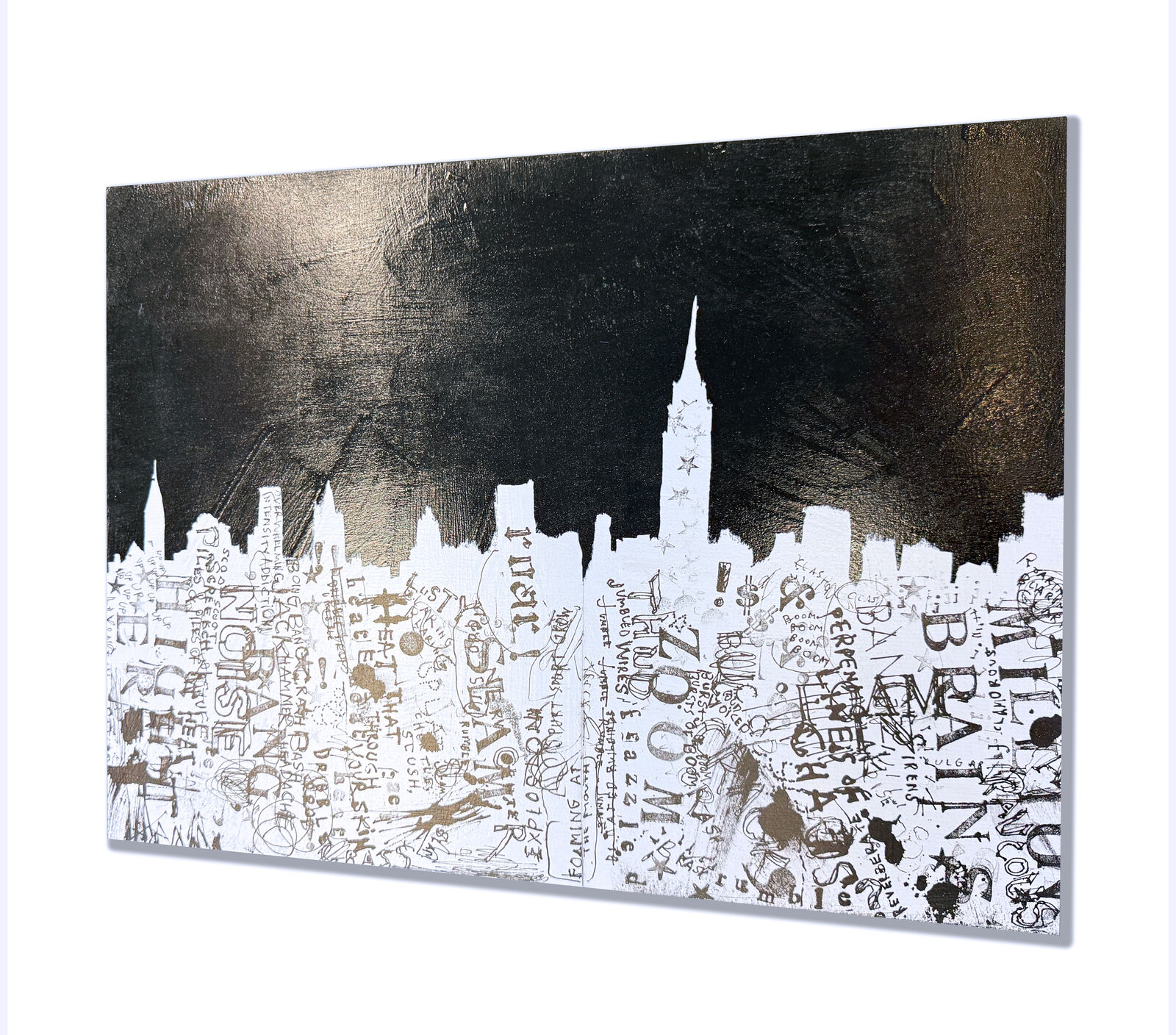 A black and white painting of a city skyline.