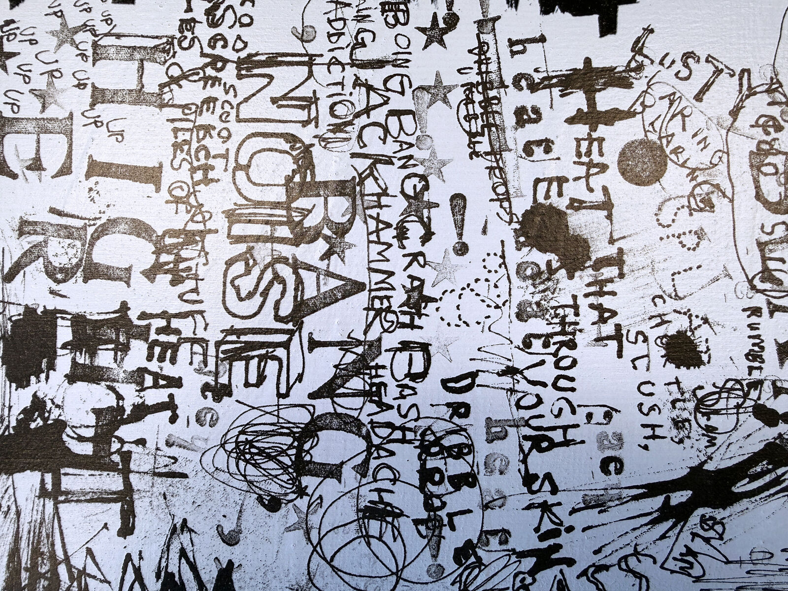 A black and white painting of a city skyline.