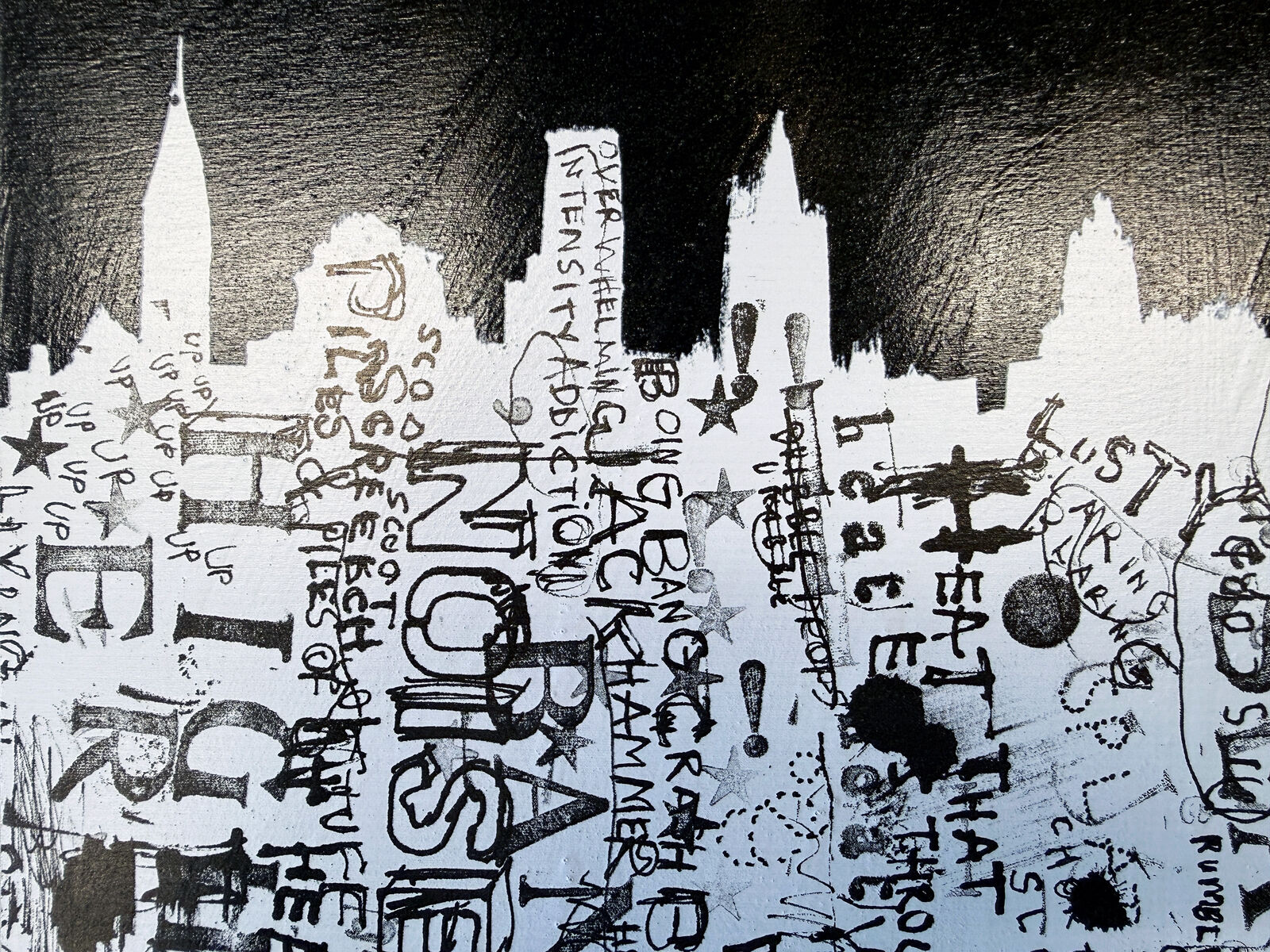 A black and white painting of a city skyline.