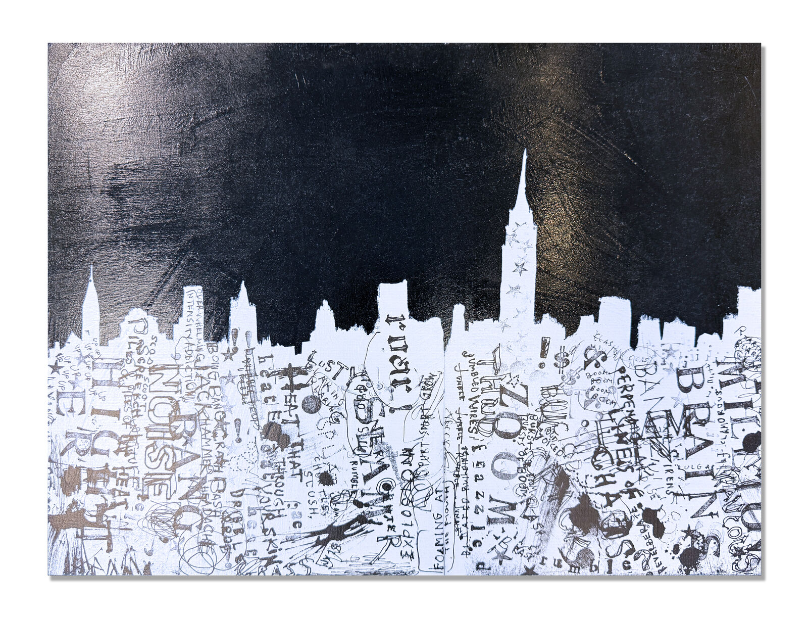 A black and white painting of a city skyline.