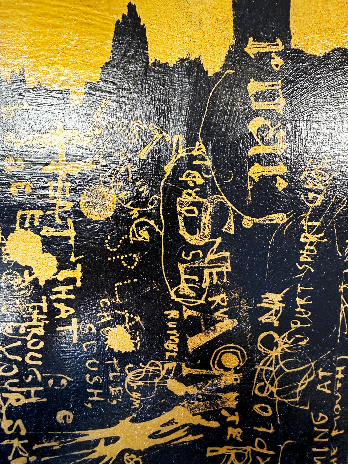 A painting of a city skyline on a yellow background.