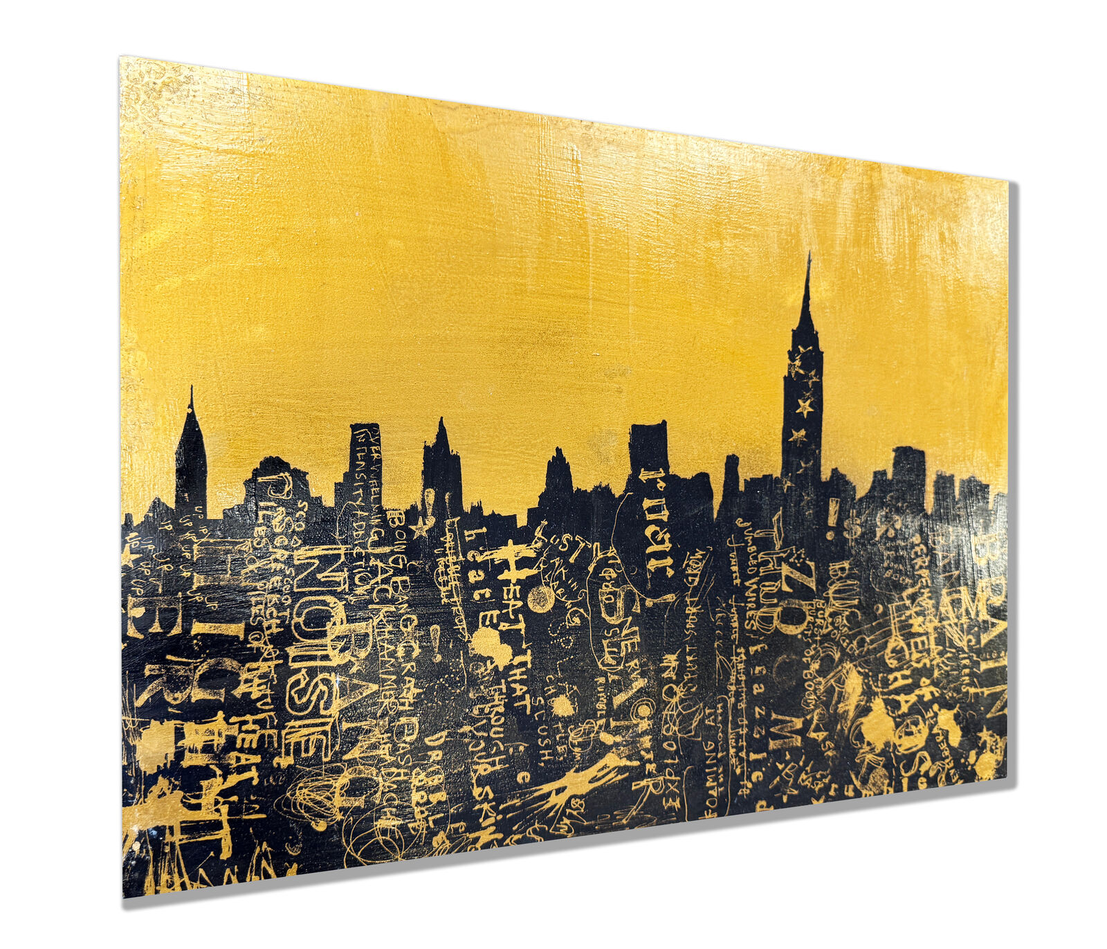 A painting of a city skyline on a yellow background.