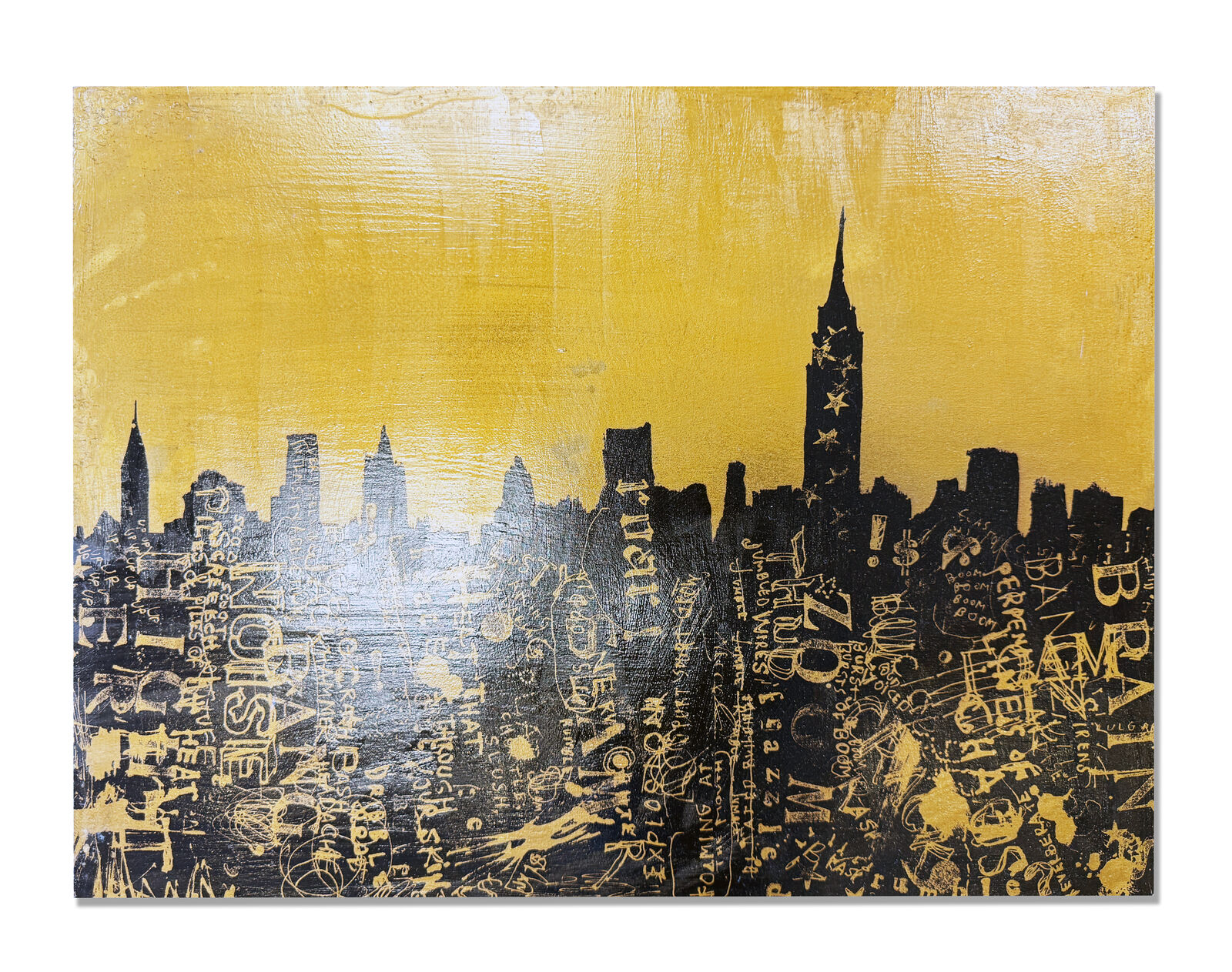 A painting of a city skyline on a yellow background.