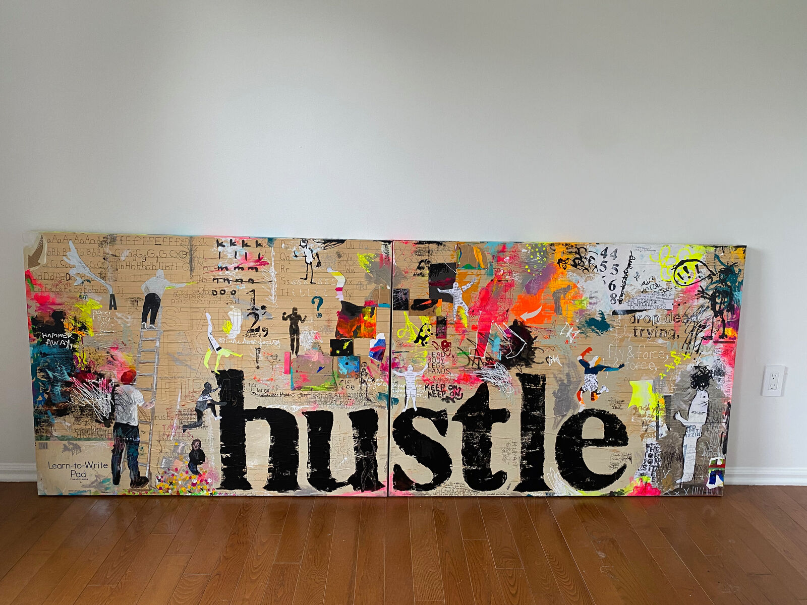 A collage of the word hustle on a wall covered in graffiti.