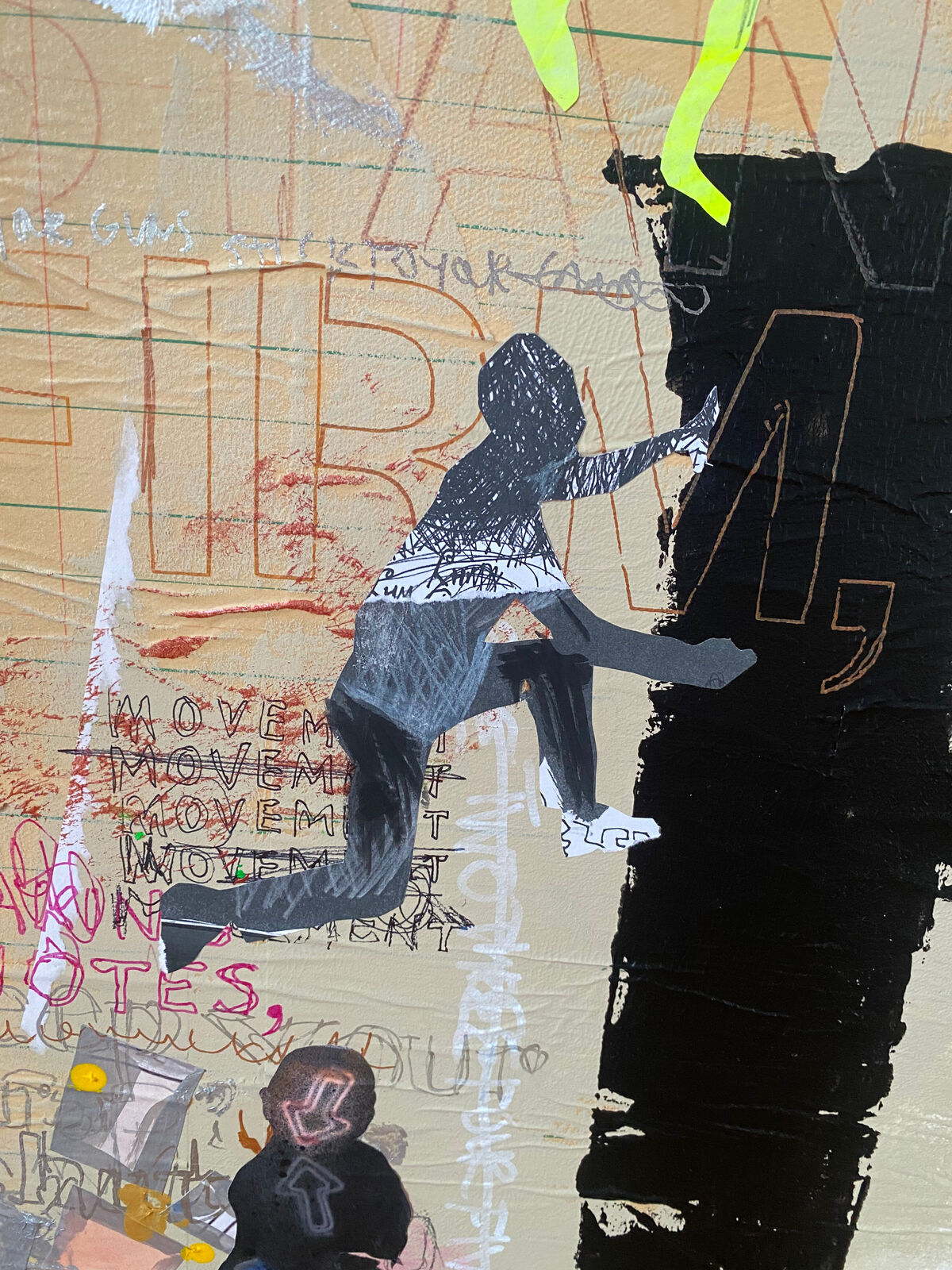 A collage of the word hustle on a wall covered in graffiti.