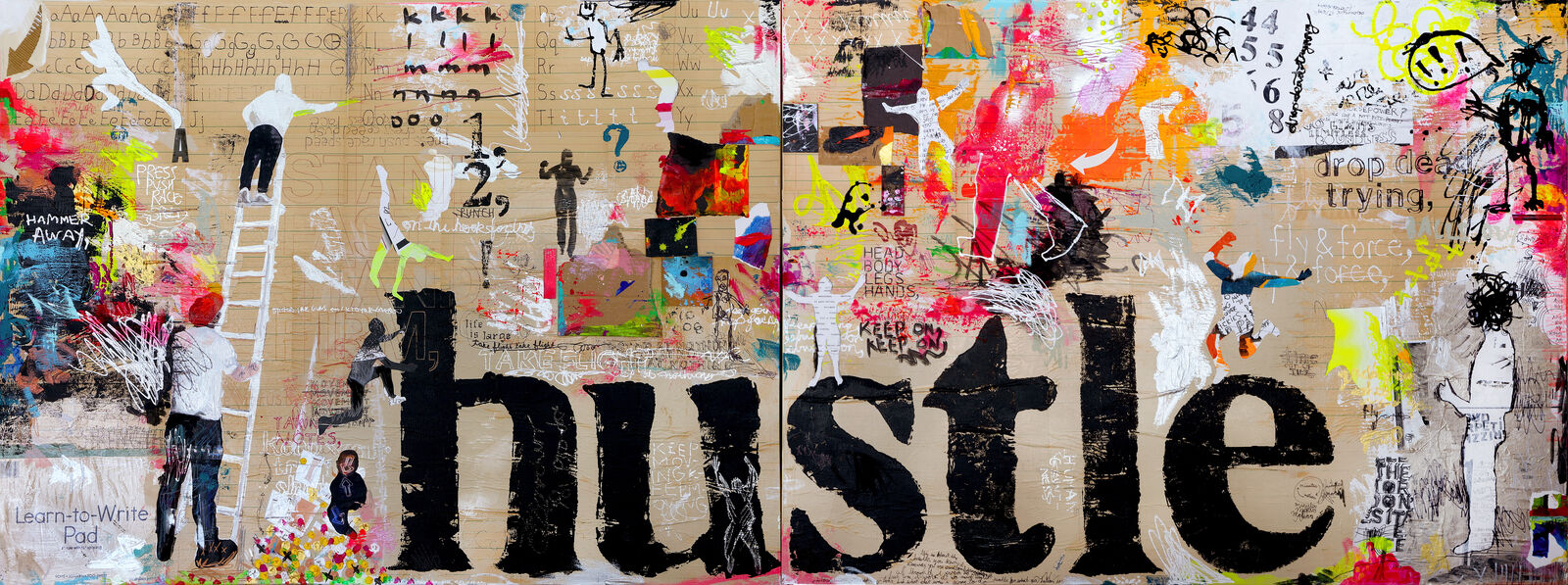A collage of the word hustle on a wall covered in graffiti.