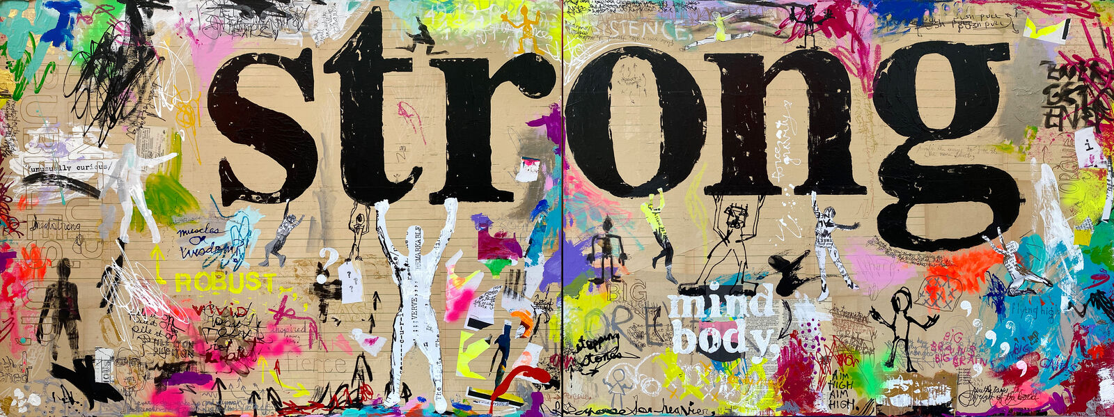 A painting with the word STRONG written on it. 