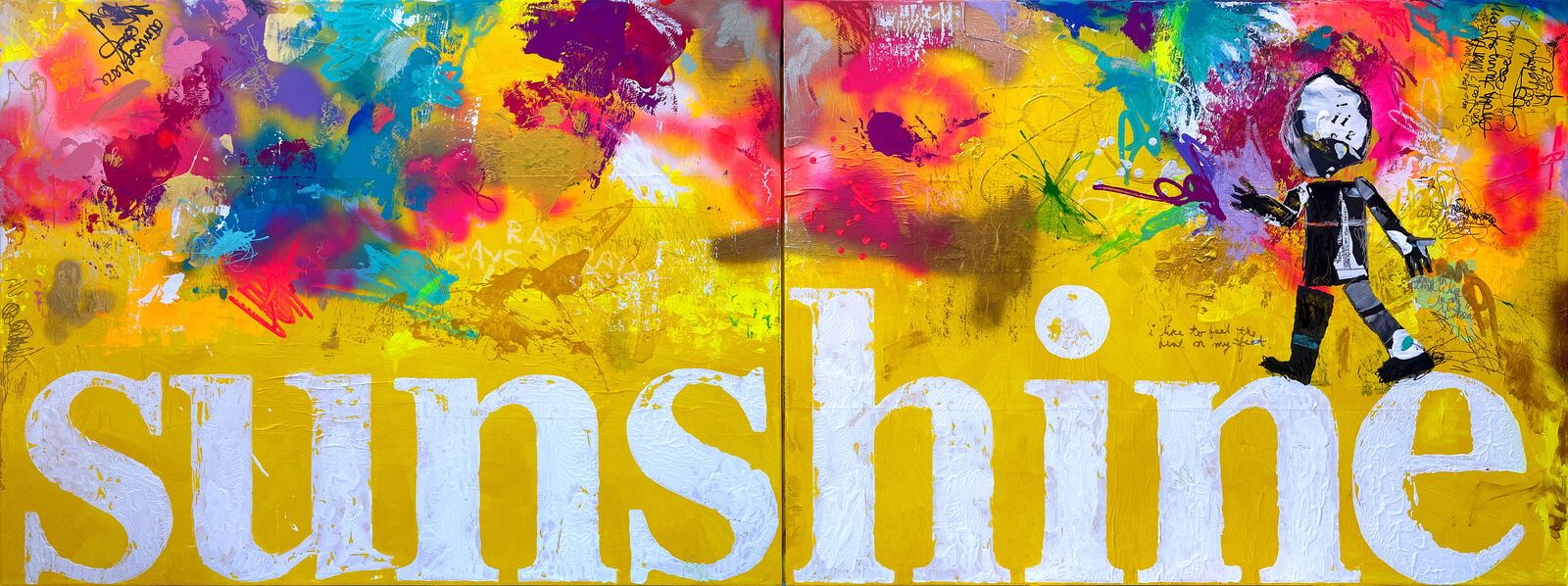 A painting of a person standing in front of a yellow background with the word sunshine painted on it.