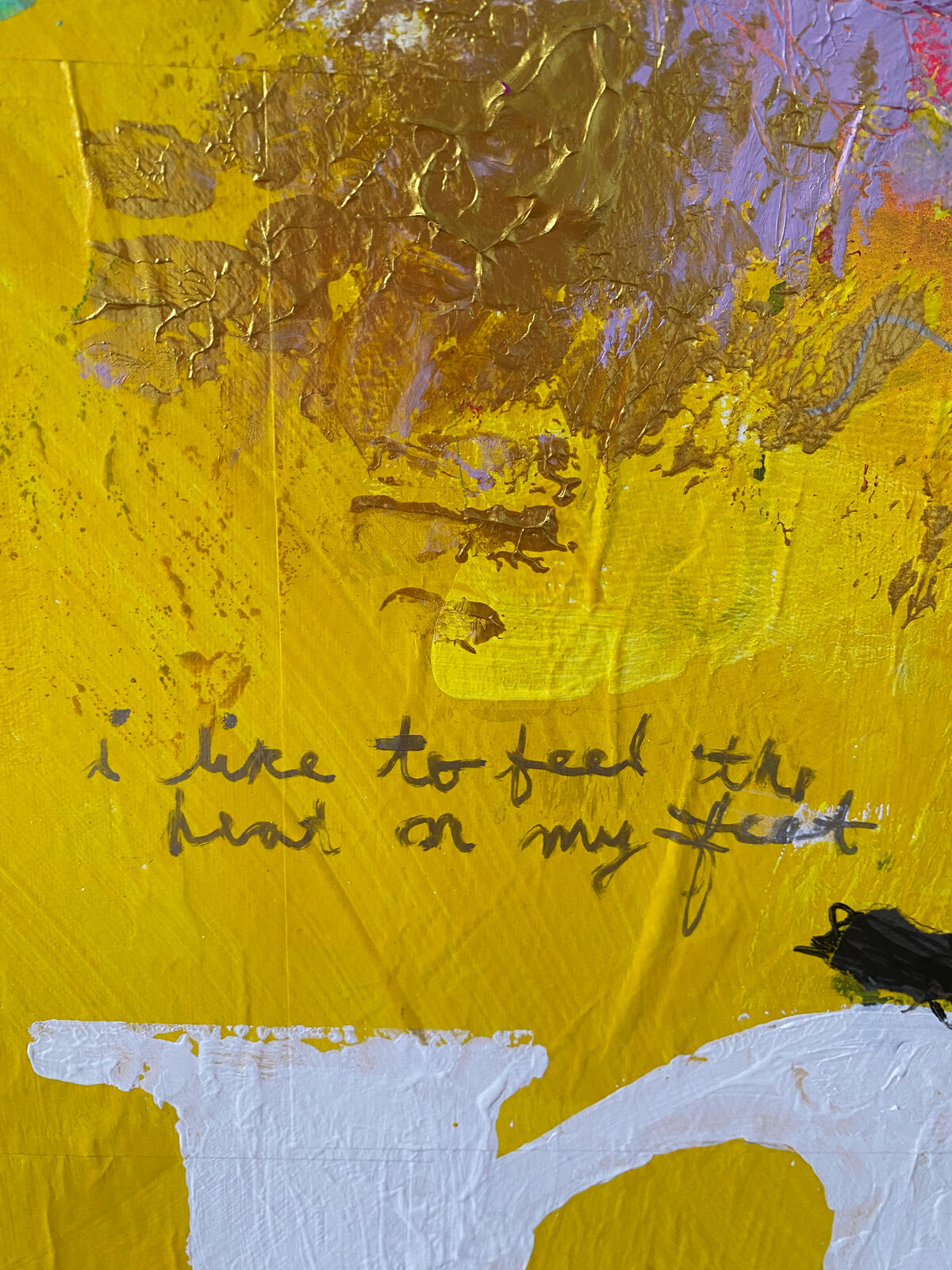 A painting of a person standing in front of a yellow background with the word sunshine painted on it.