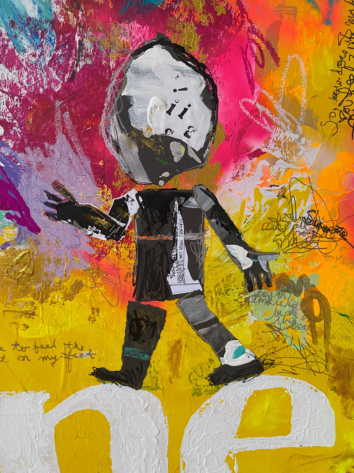 A painting of a person standing in front of a yellow background with the word sunshine painted on it.