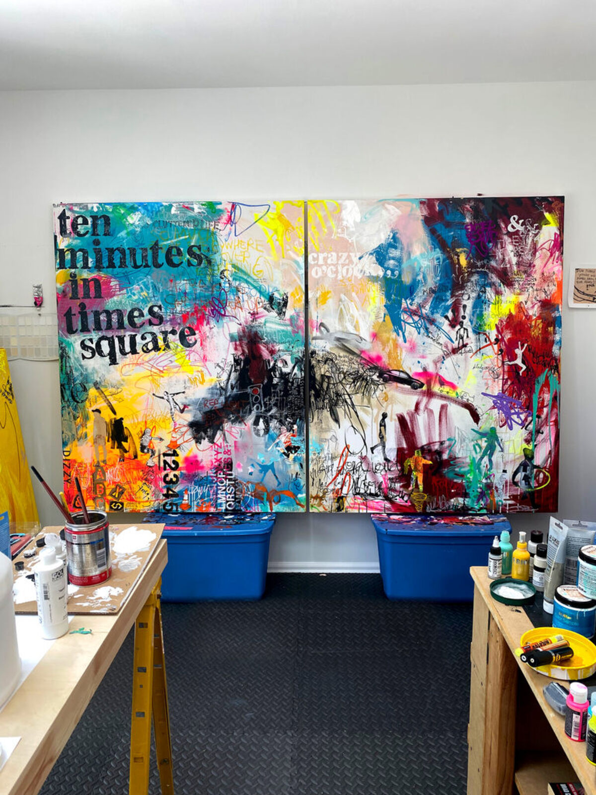 A painting of a wall covered in graffiti with the words ten minutes in times square.