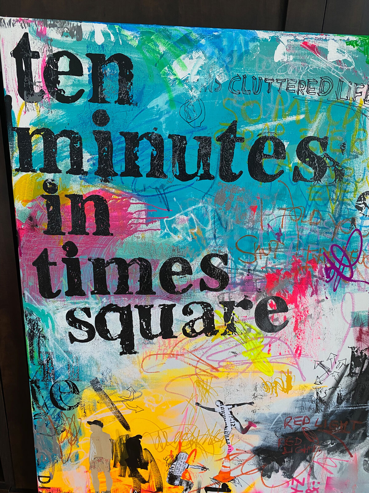 A painting of a wall covered in graffiti with the words ten minutes in times square.