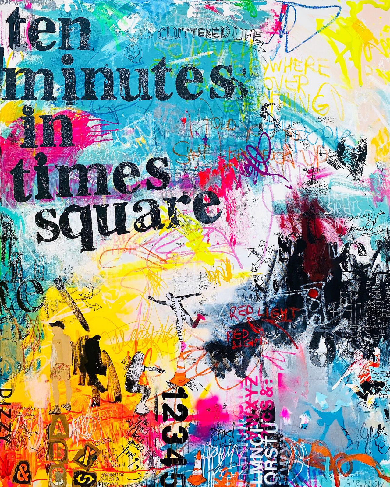 A painting of a wall covered in graffiti with the words ten minutes in times square.