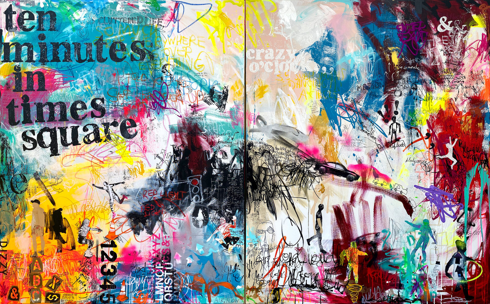 A painting of a wall covered in graffiti with the words ten minutes in times square.