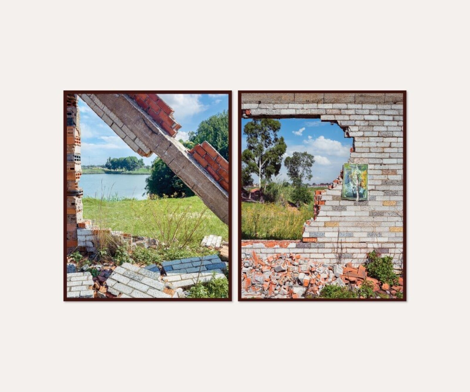 A diptych of ruined brick walls framing a serene river landscape.