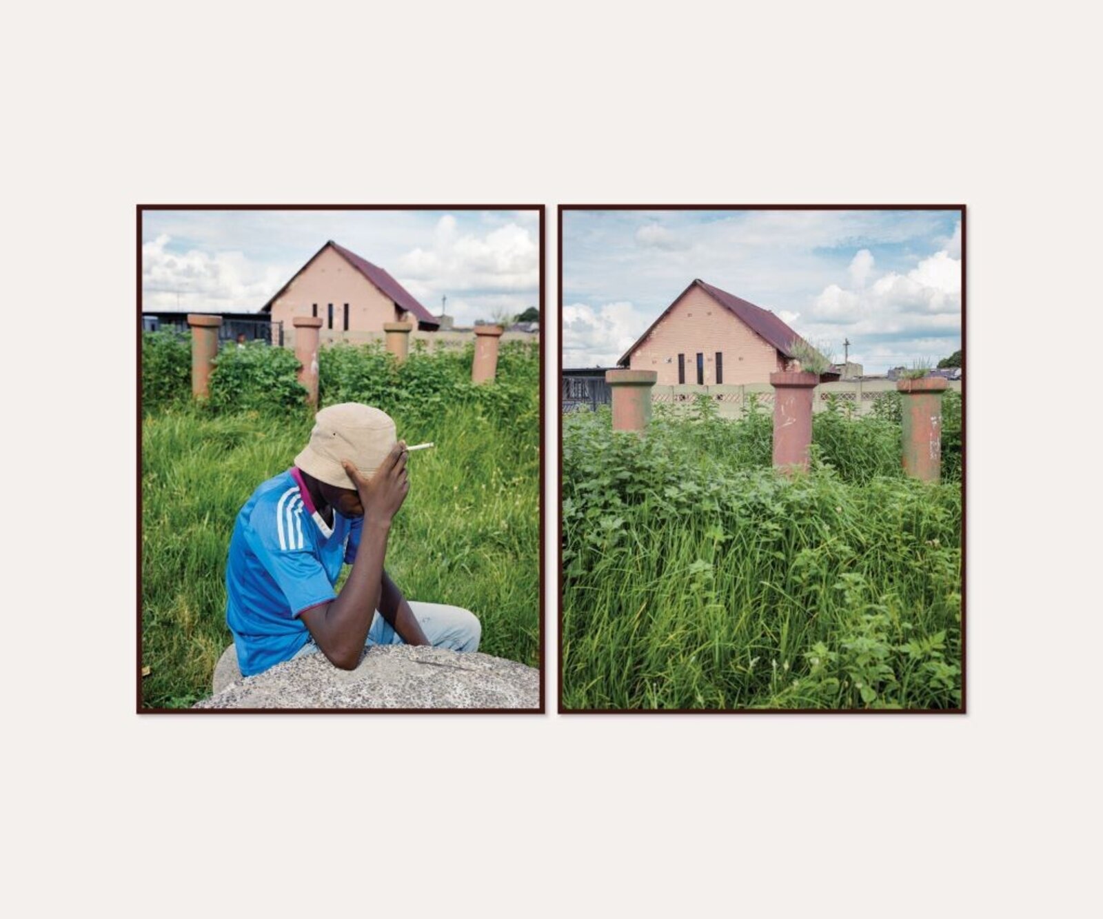 A diptych photograph juxtaposing a contemplative figure with the surrounding landscape.