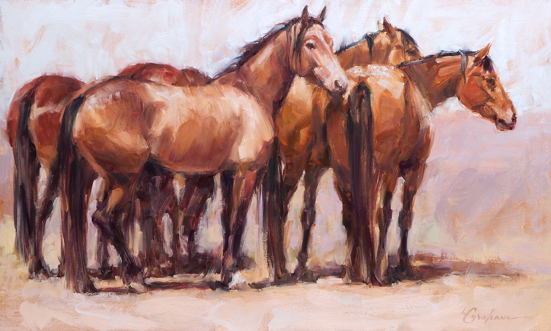 A painting of a group of horses standing in a line.