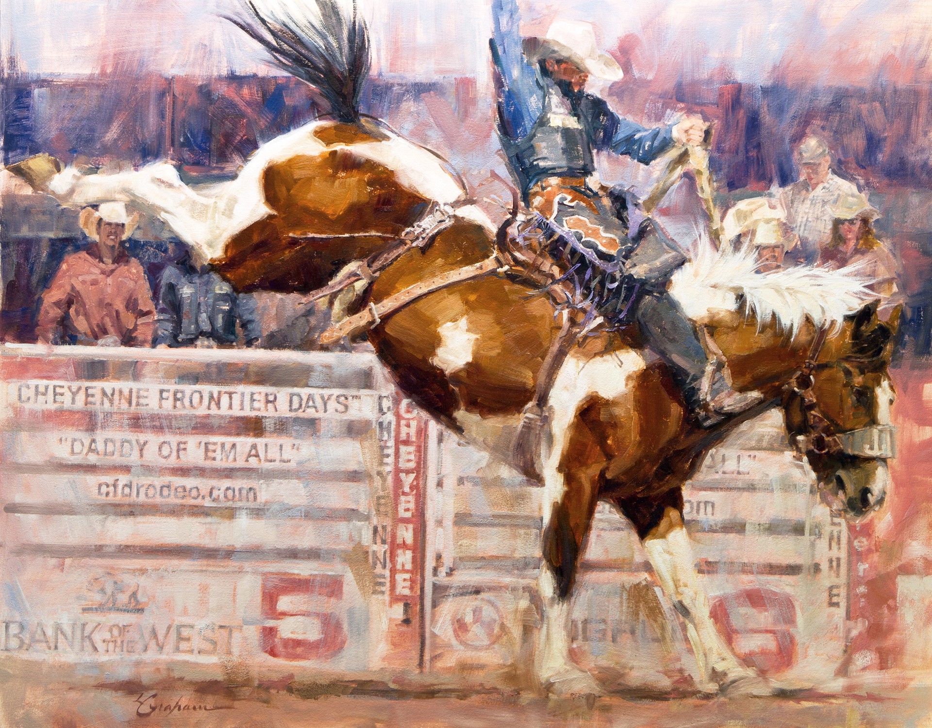 A painting of a cowboy riding a bucking bronco at a rodeo.