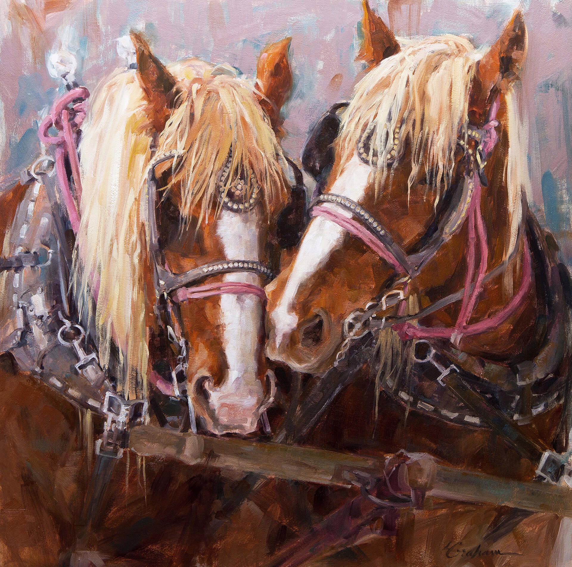 A painting of two horses pulling a carriage.