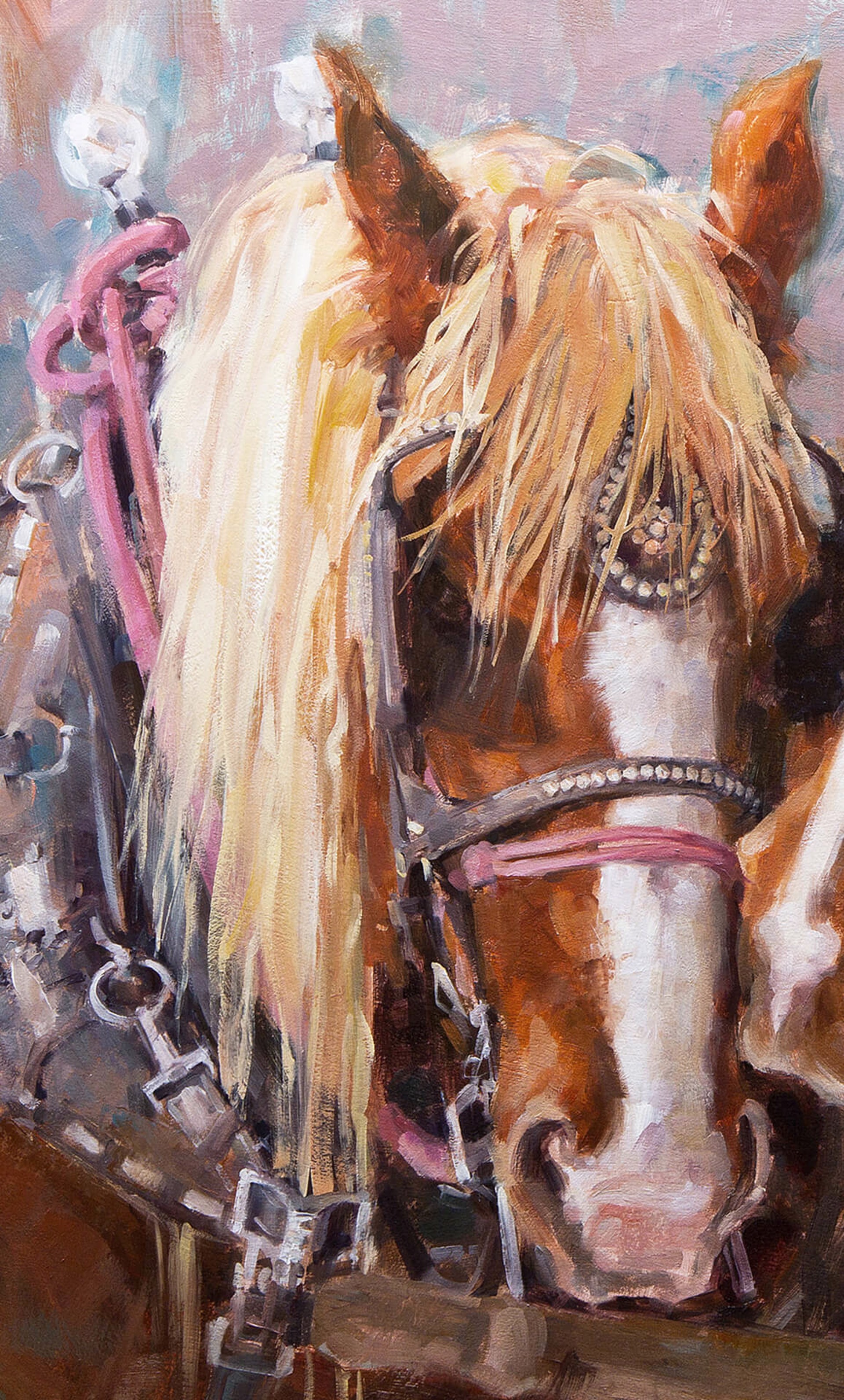 A painting of two horses pulling a carriage.