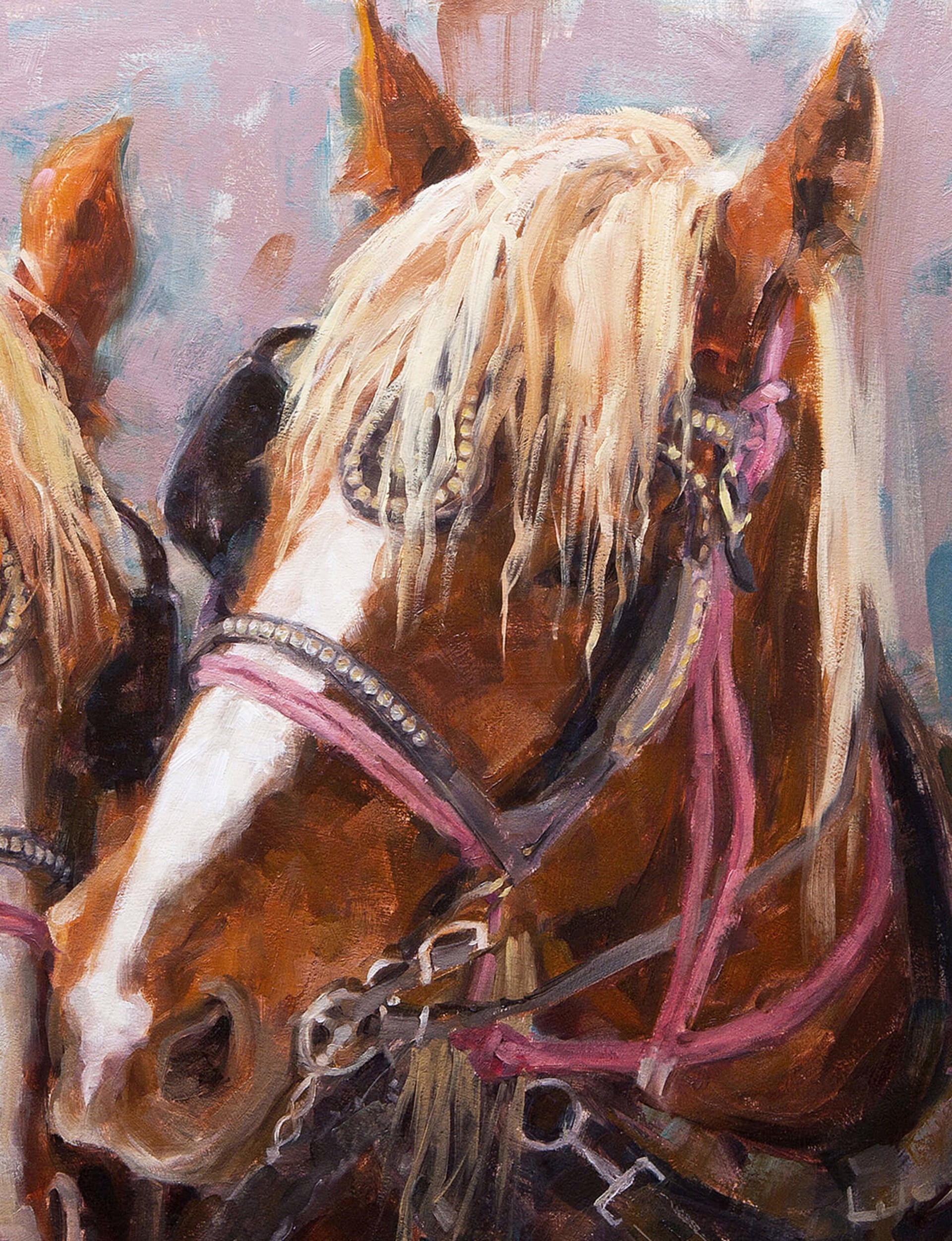 A painting of two horses pulling a carriage.