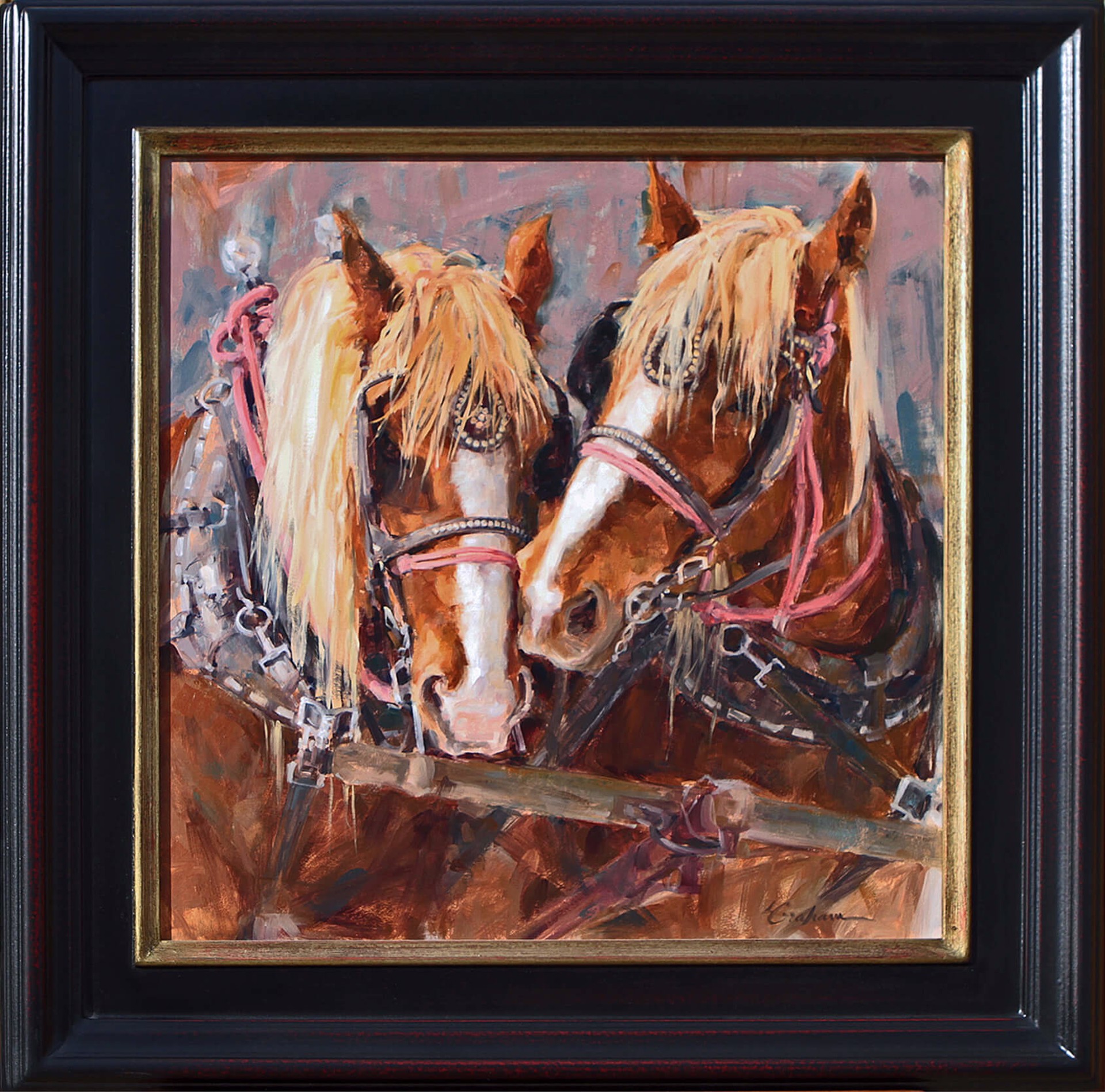 A painting of two horses pulling a carriage.