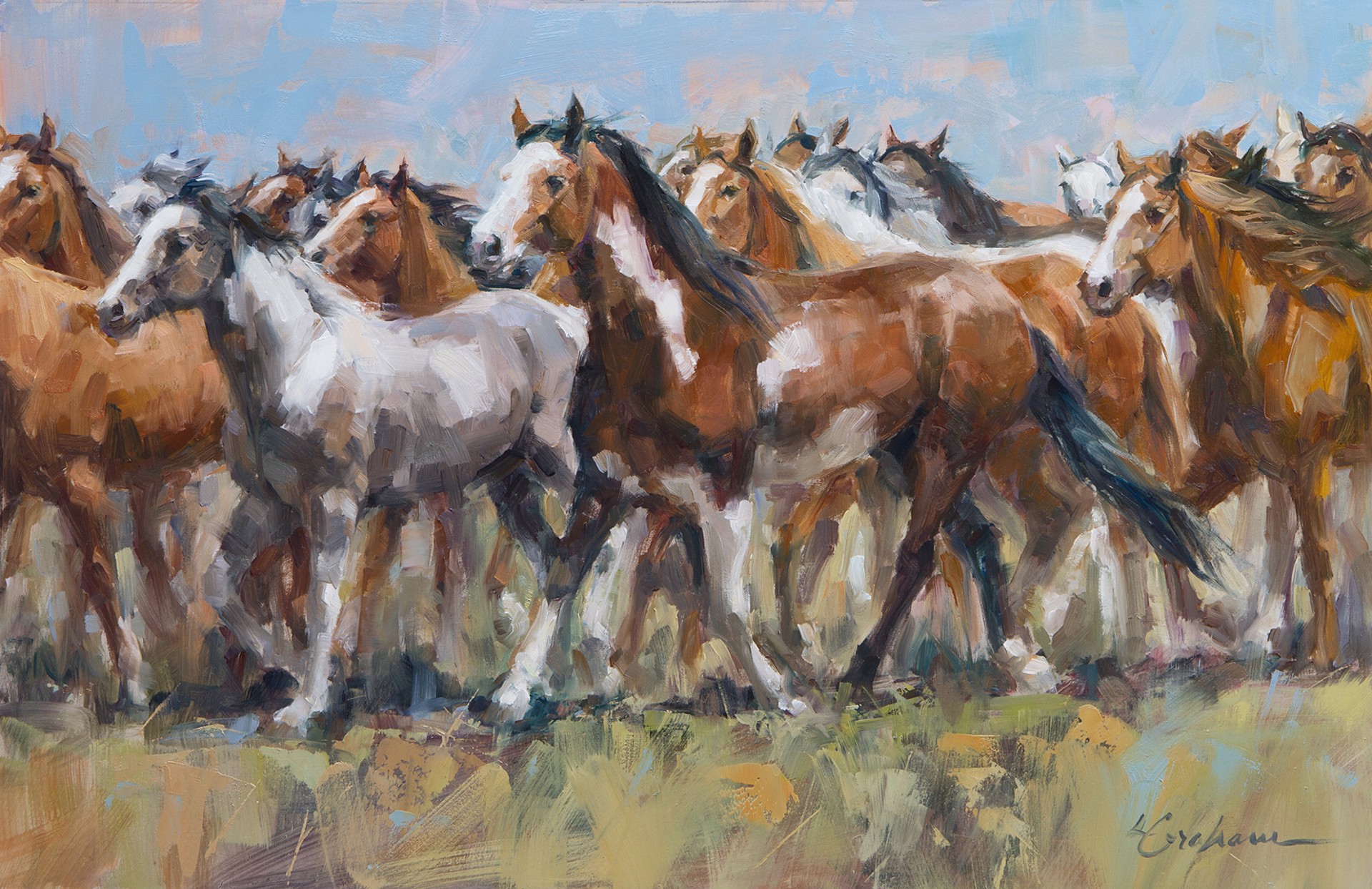 A dynamic painting of a herd of horses in motion.