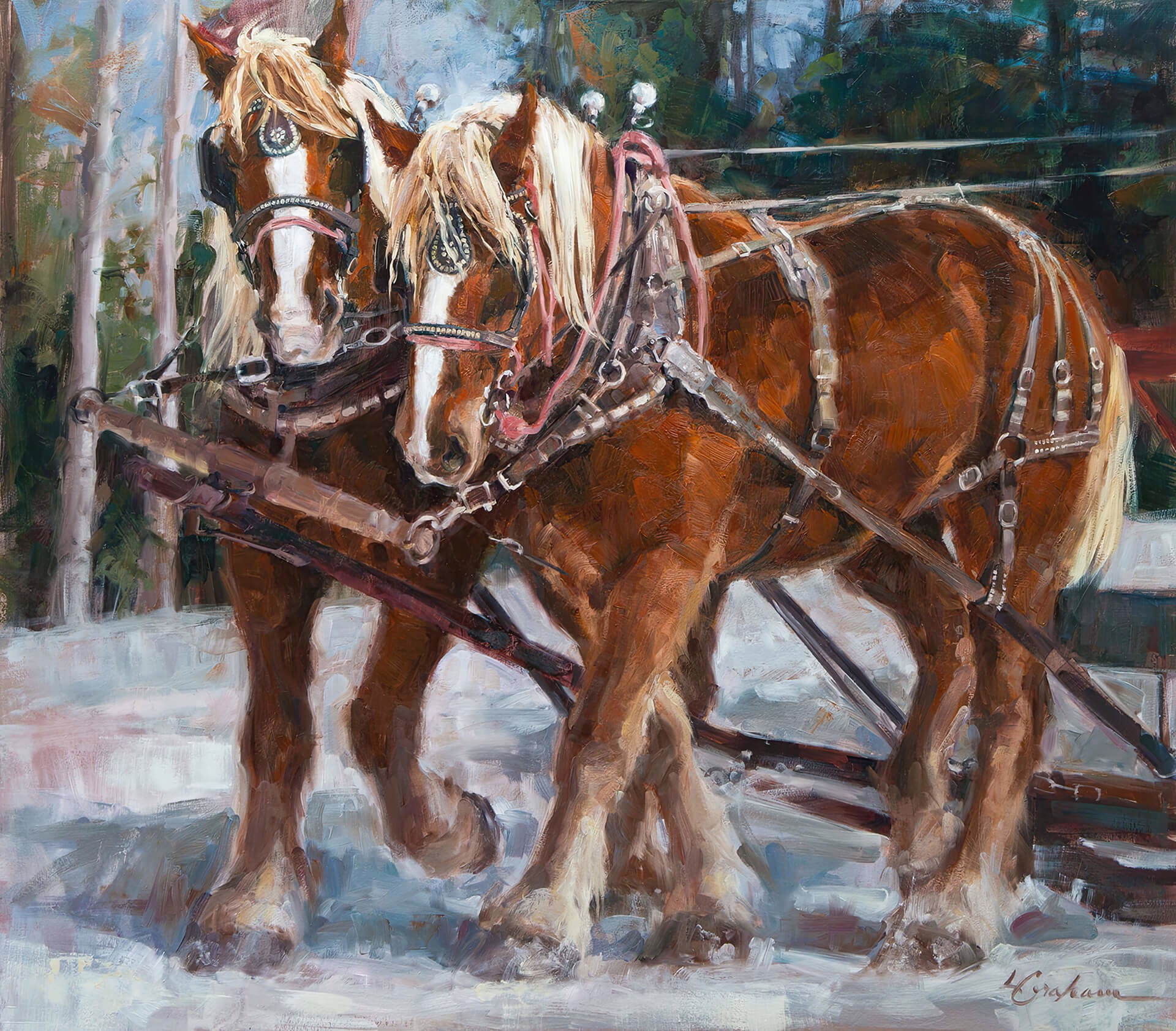 A painting of two horses pulling a sleigh in the snow.