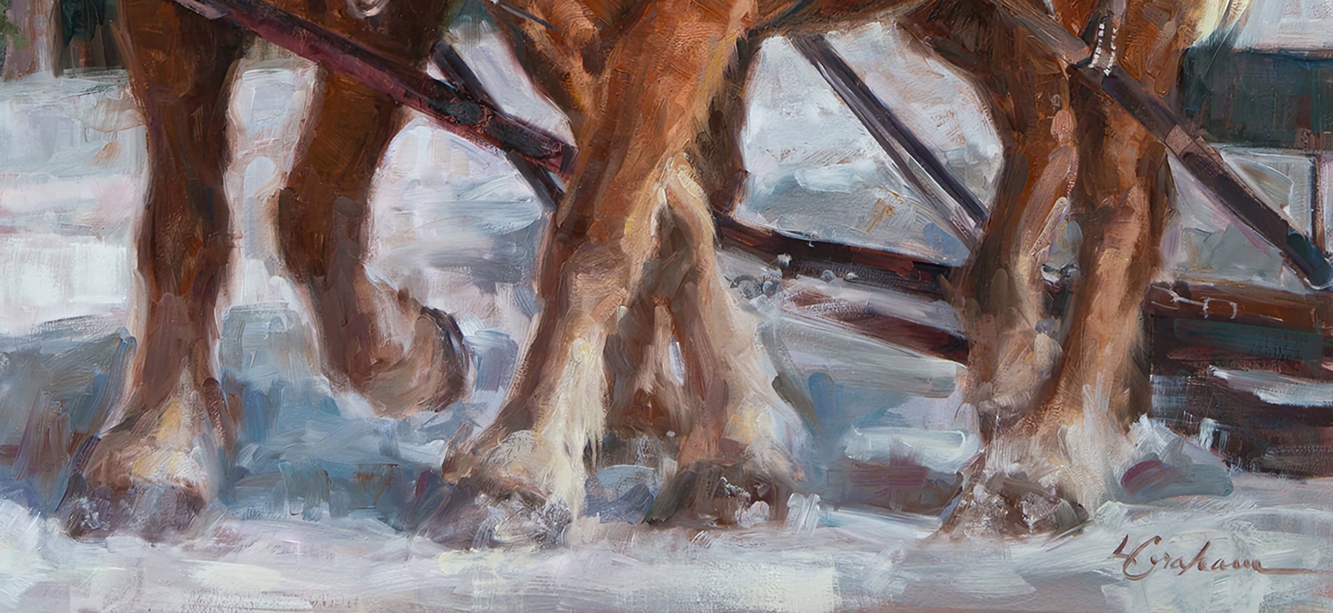 A painting of two horses pulling a sleigh in the snow.