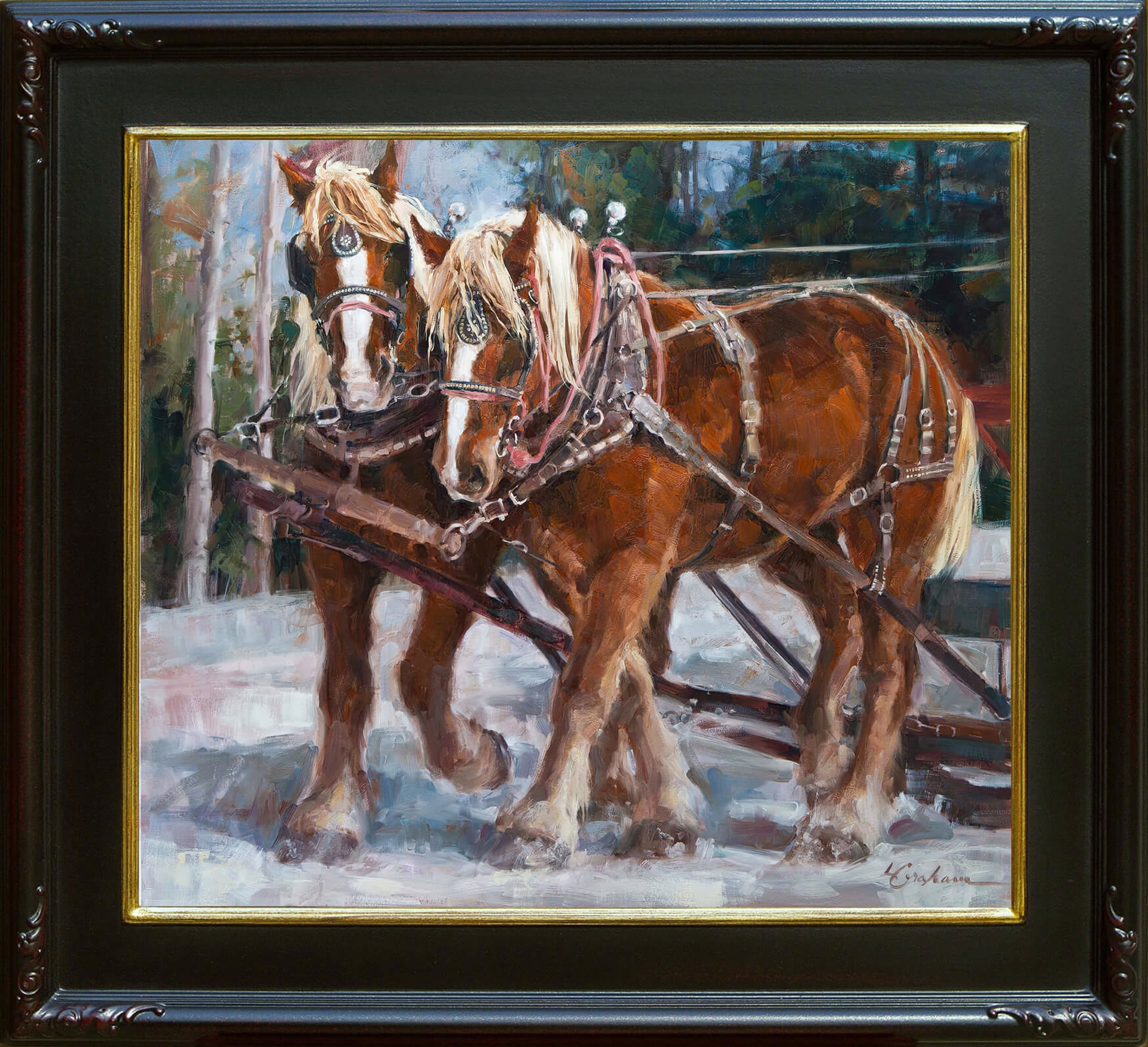 A painting of two horses pulling a sleigh in the snow.