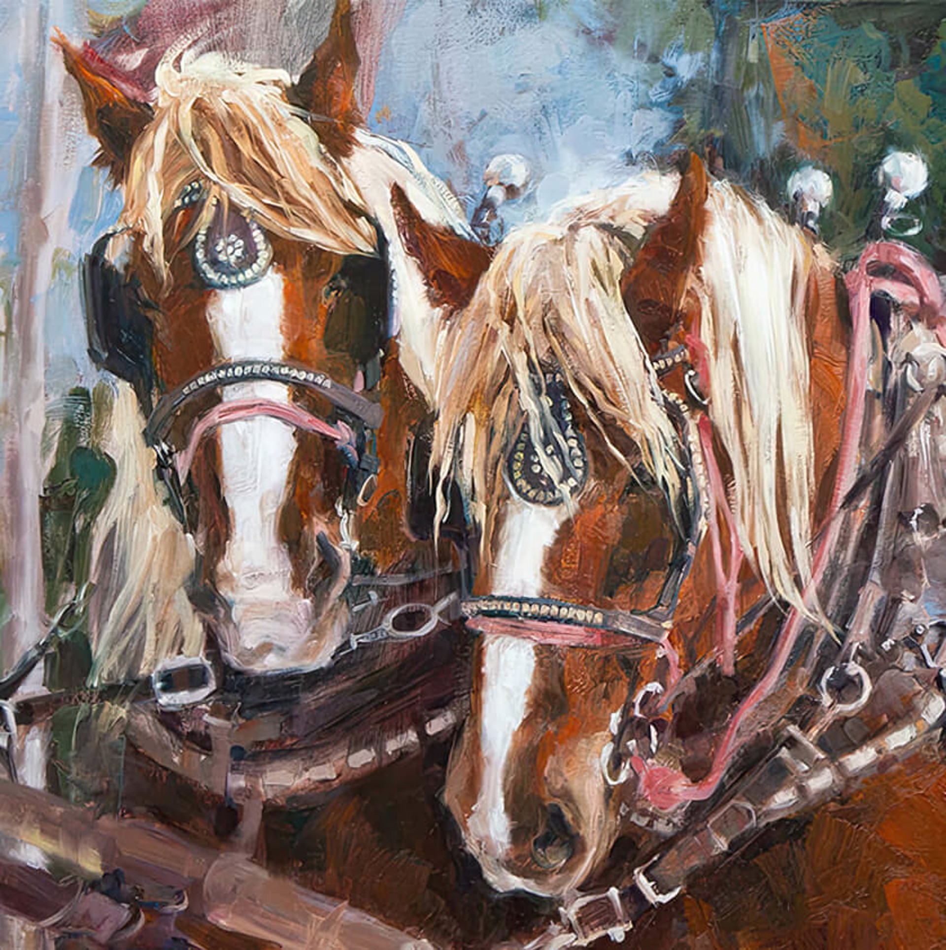 A painting of two horses pulling a sleigh in the snow.