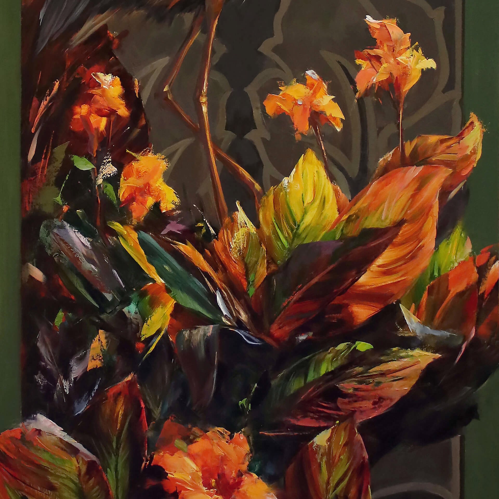 A painting of a bird sitting on top of a plant.