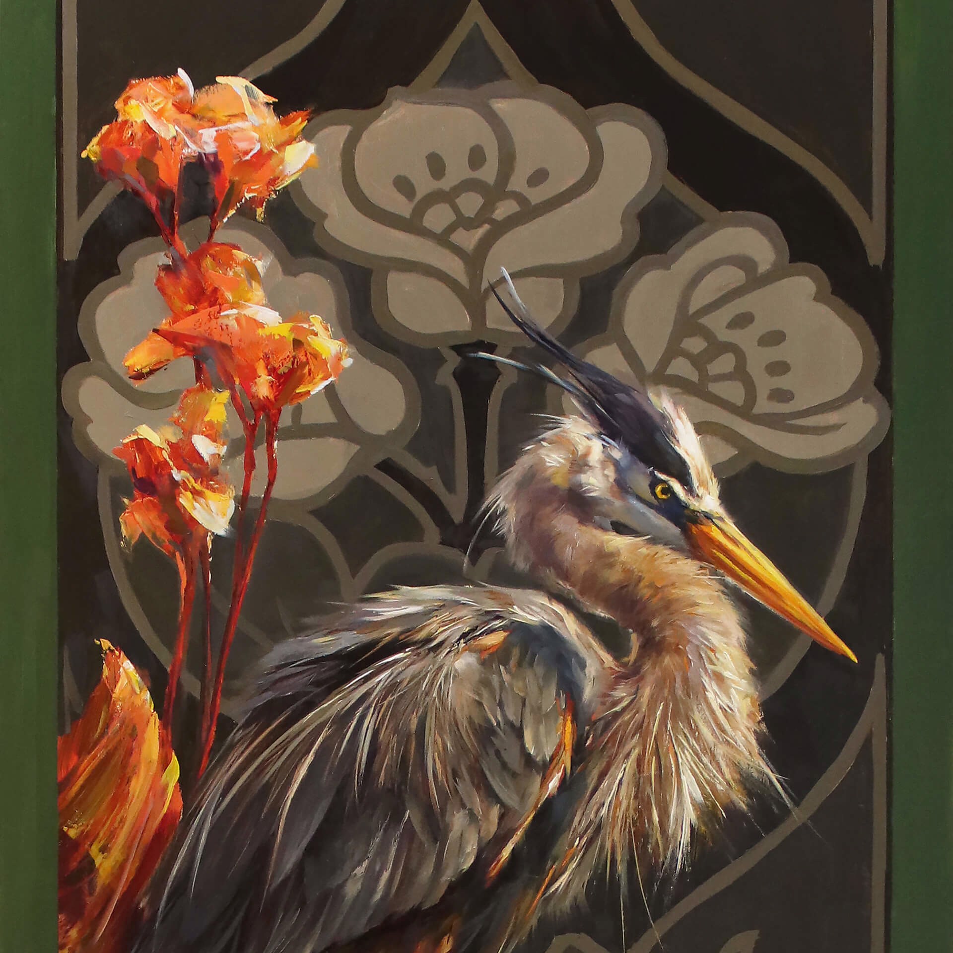 A painting of a bird sitting on top of a plant.
