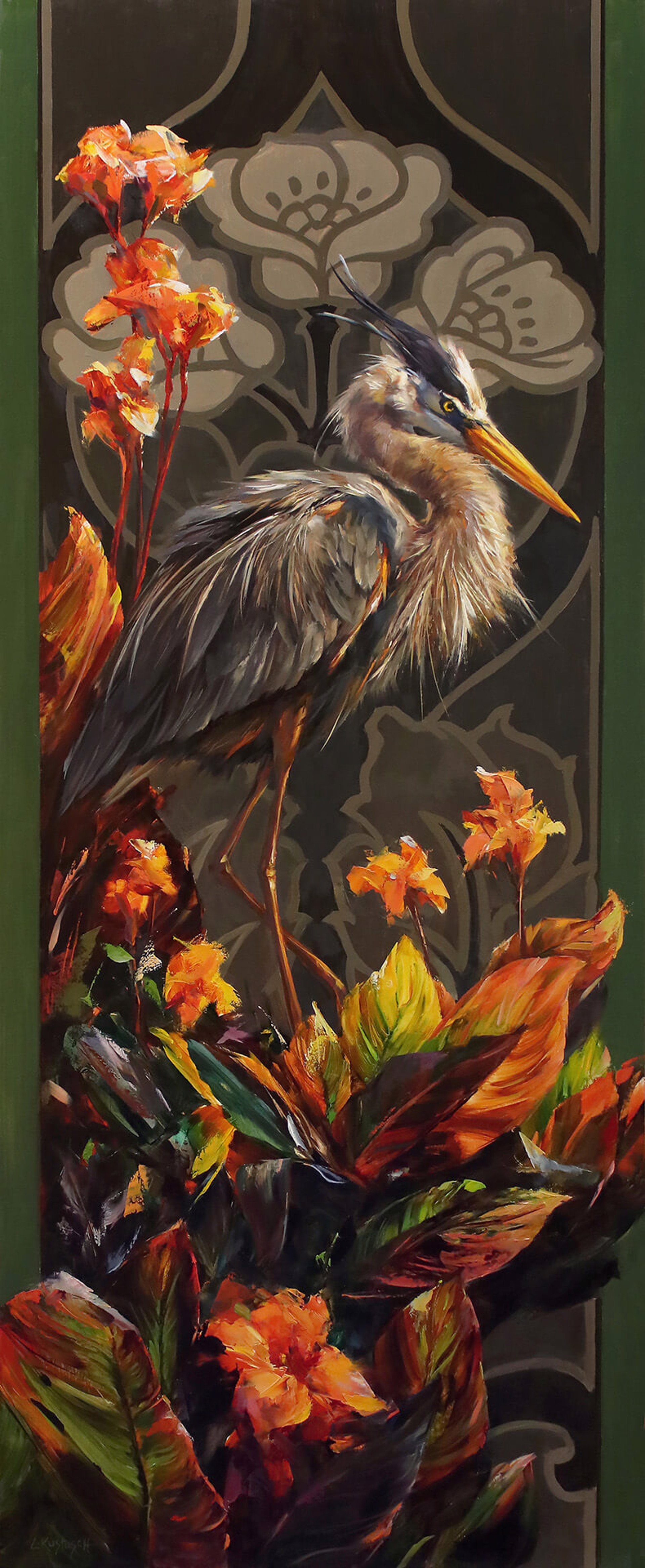 A painting of a bird sitting on top of a plant.