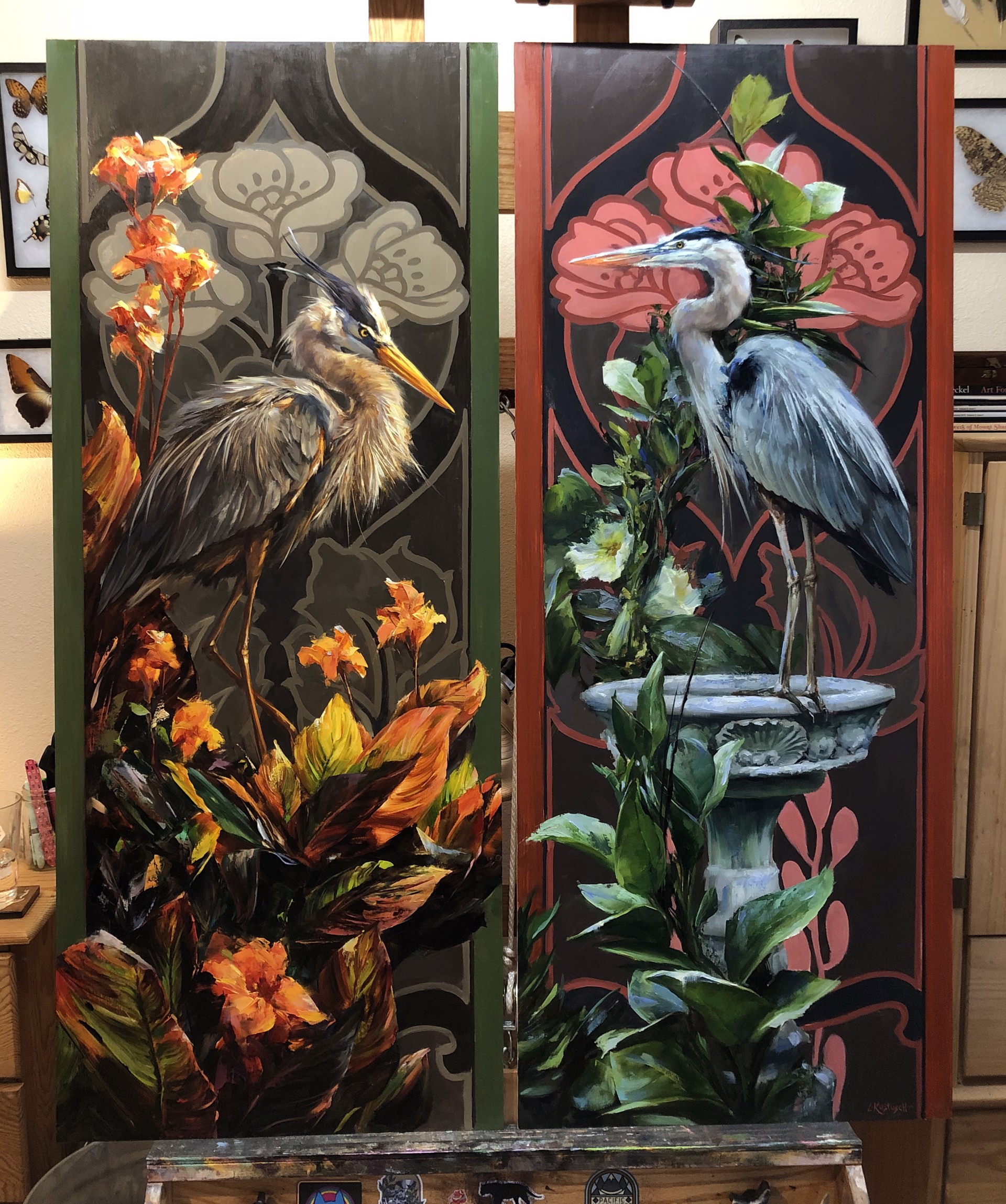 A painting of a bird sitting on top of a plant.