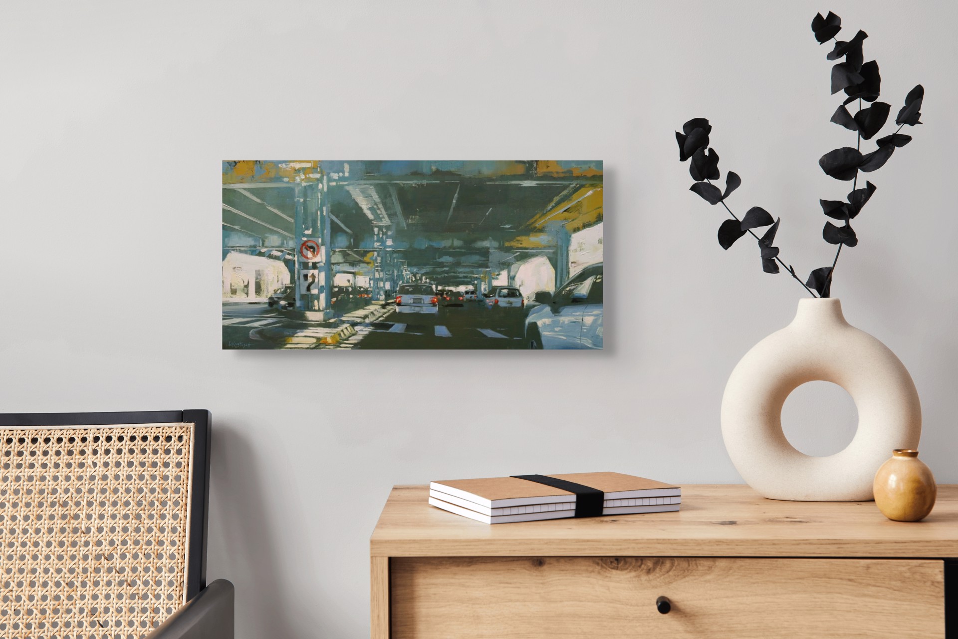 A vibrant painting of a sunlit underpass with cars and traffic signs.